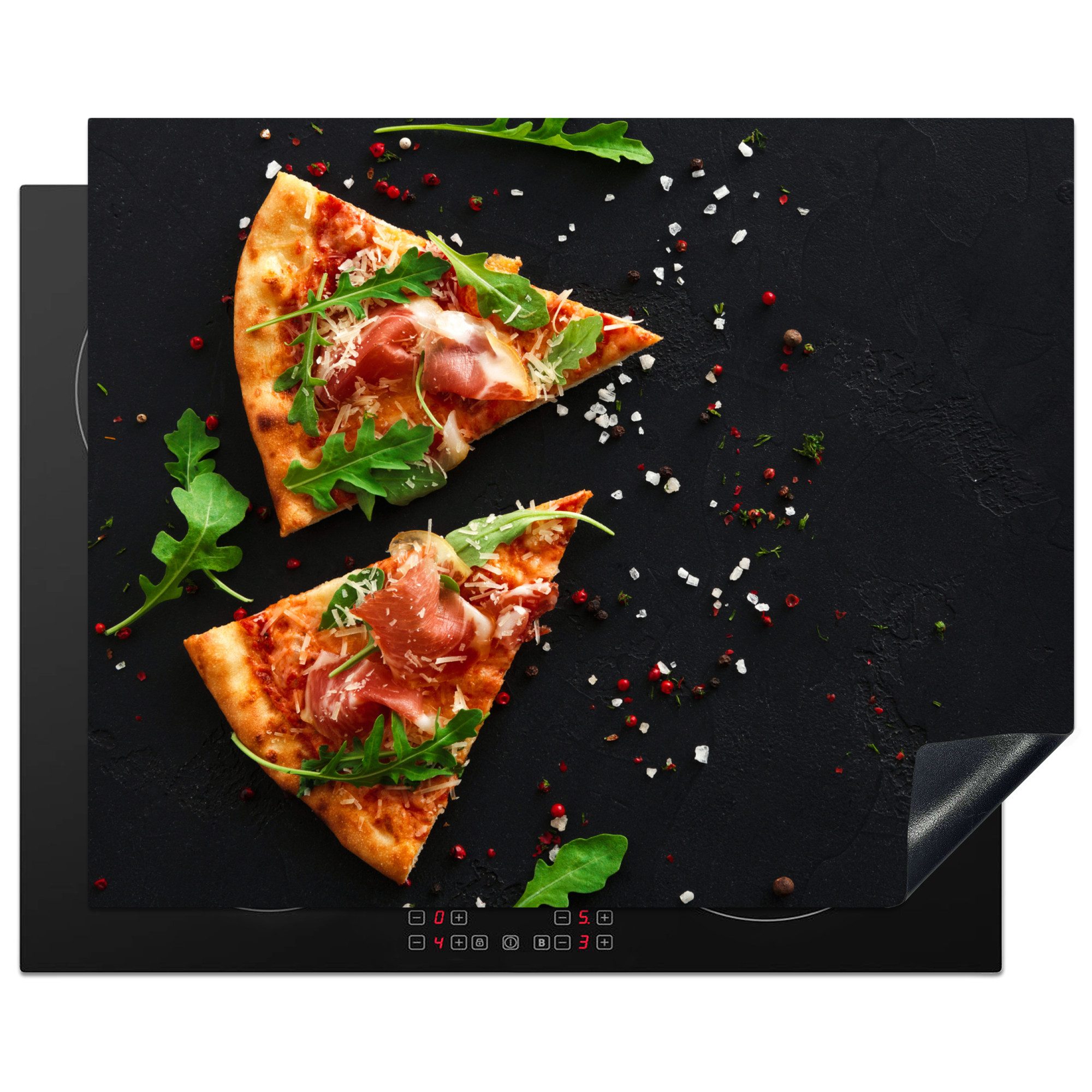 MuchoWow Herd-Abdeckplatte Pizza - Lebensmittel - Beton - Schwarz, Vinyl, (1 tlg), Abdeckung Induktionskochfeld Schutzmatte, Küche Deko, 65x52 cm