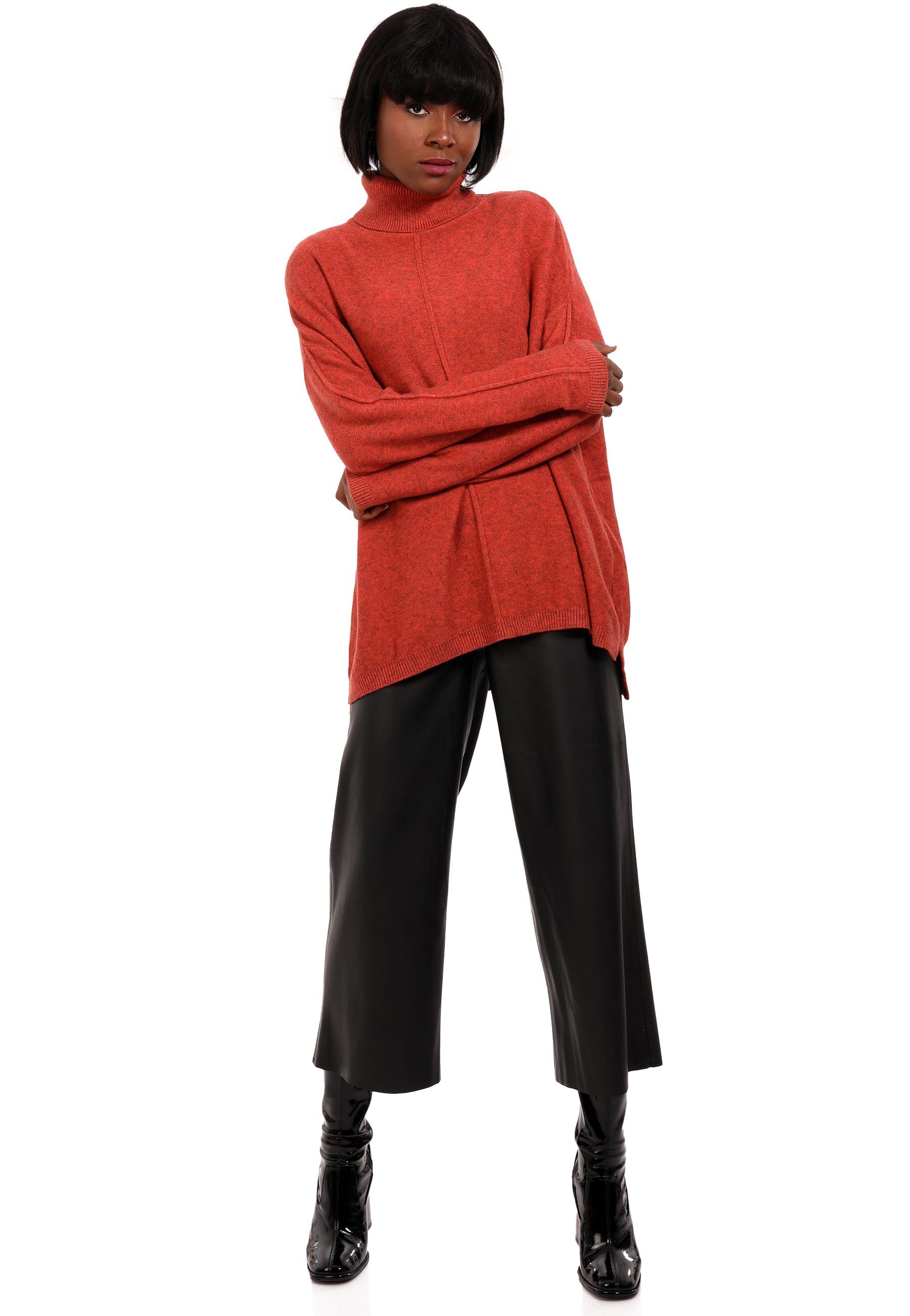 Fashion YC Pullover Size in melierter aus koralle (1-tlg) Oversized One Rollkragenpullover Feinstrick Optik Style &