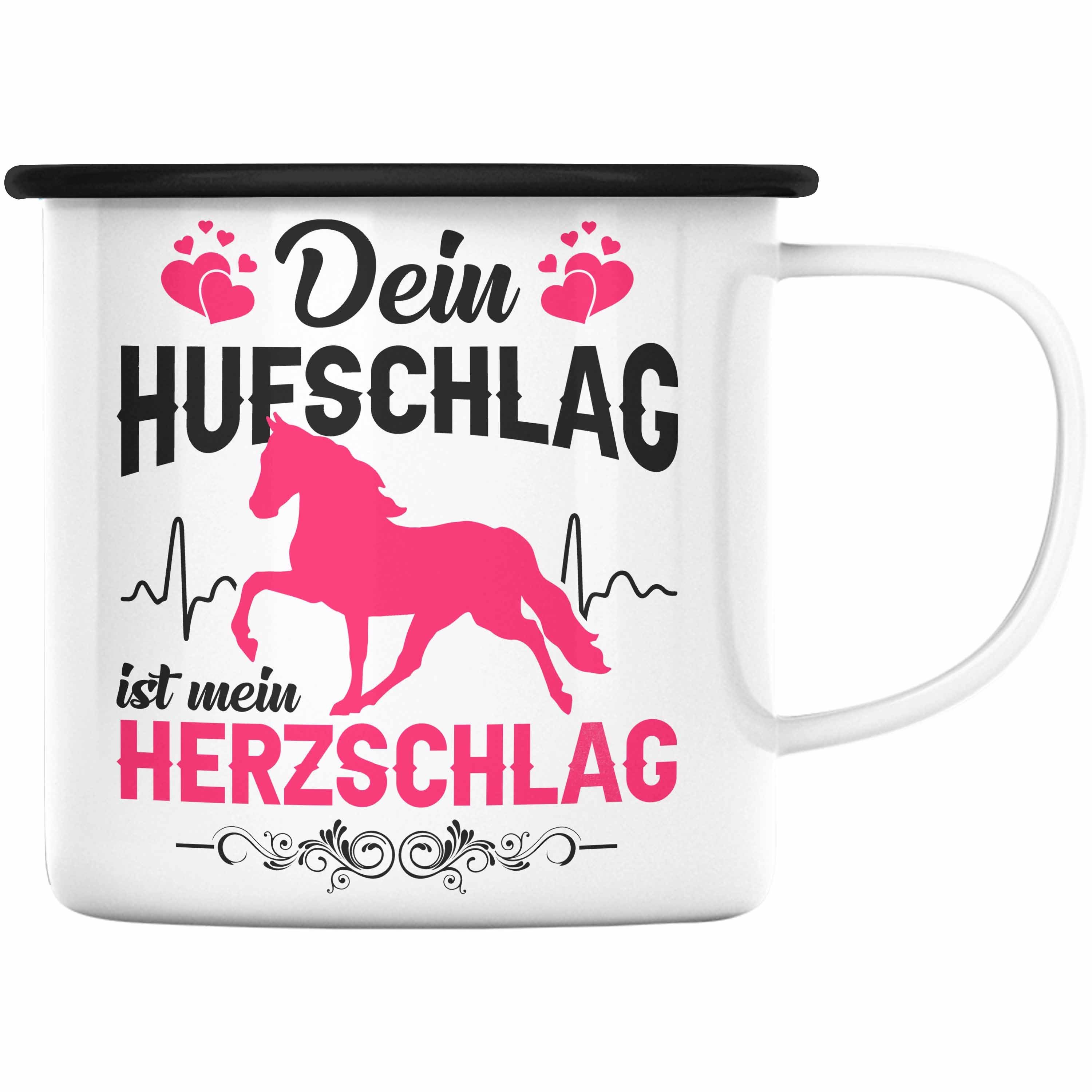 Trendation Thermotasse Trendation - Reiterin Emaille Tasse - Dein Hufschlag ist mein Herzschlag - Pferde Emaille Tasse KaffeeEmaille Tasse Mädchen Geschenk Pferdeliebhaber Sprüche Reiten Schwarz