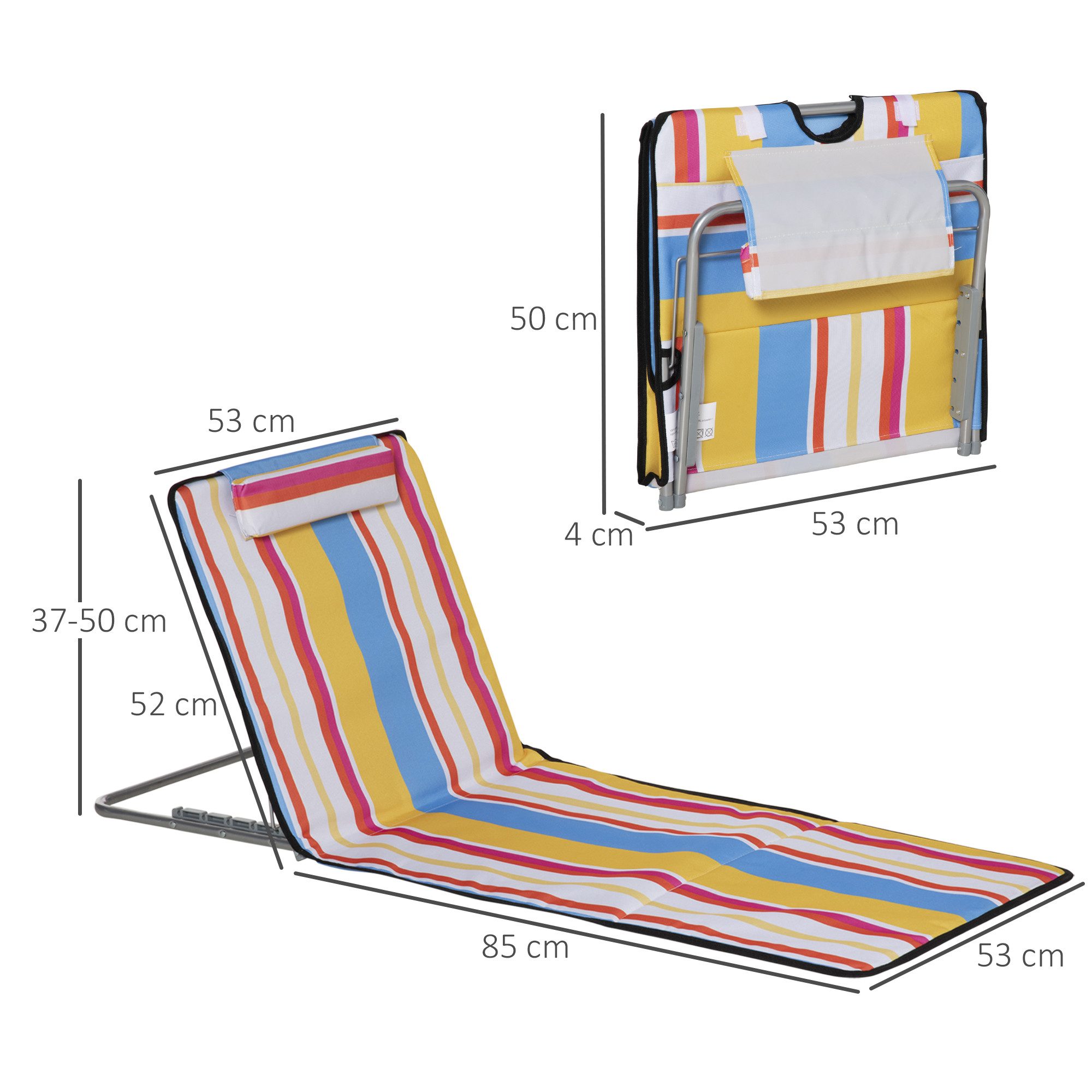 Outsunny Gartenliege Strandmatte, Faltbare Strandliege mit Kopfkissen, Höhenverstellbare Strandmatratze mit Tragetasche, 2 St., Oxfordstoff, Bunt, 124 x 53 x 35-45 cm