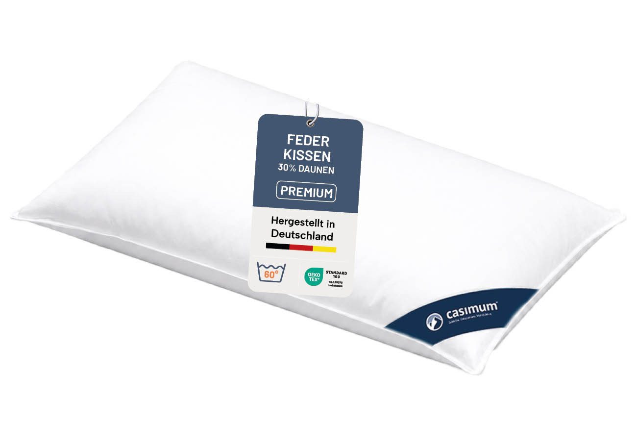 casimum Daunenkissen PREMIUM Daunenkissen 80x80, Kissen 40x80, hergestellt in Deutschland, Füllung: 70 % Federn / 30 % Daunen, Klasse 1, Downpass zertifiziert, Bezug: 100 % Baumwolle, Seitenschläfer, Rückenschläfer, hergestellt in Deutschland, für Allergiker geeignet, 80x80cm & 40x80cm