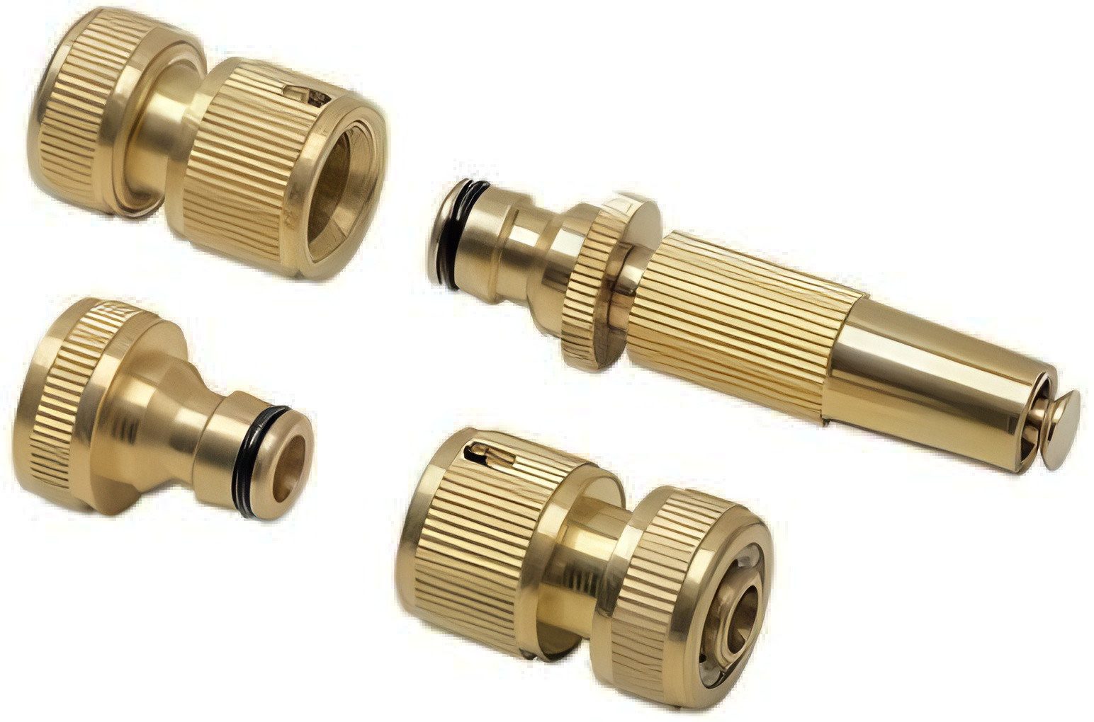 VABIONO Schlauchkupplung Messing-Stecksystem 4-teilig 3/4 Zoll mit präzisen Schnellverbindungen, (4-tlg., kostenloser Versand), Vario-Gartenspritze, Standard-Kupplung und Wasserstopp-Kupplung
