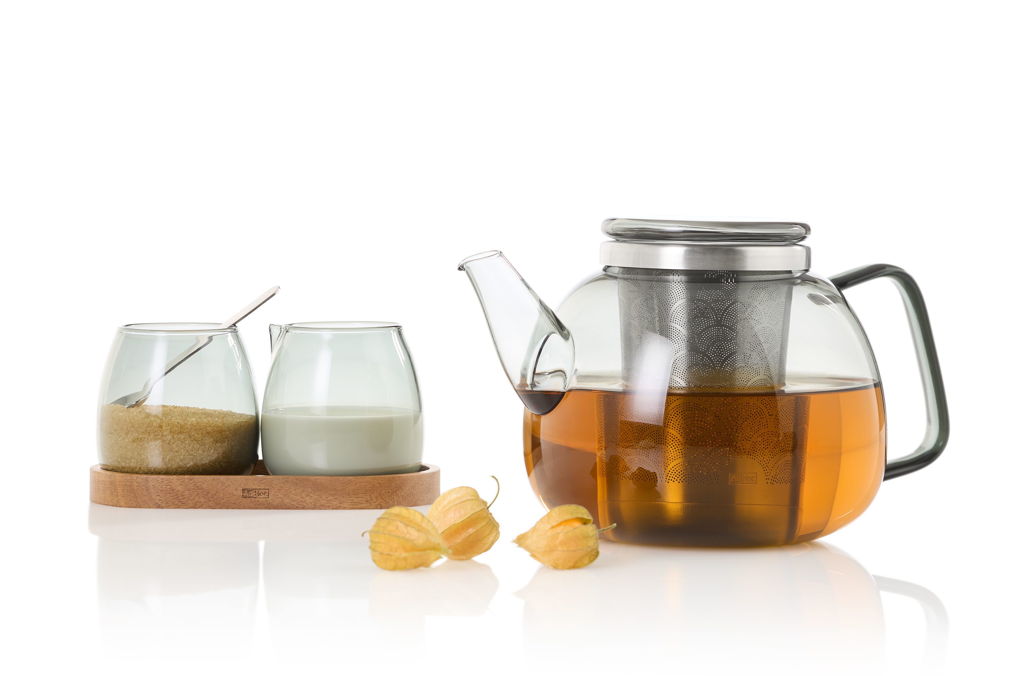 AdHoc Milchkännchen und Zuckerdose Yuna im Set mit Untersetzer, 0,23 l, (3-St), Holz & Borosilikatglas, mundgeblasenes Unikat in Rauchgrau – Bild 4 von 5