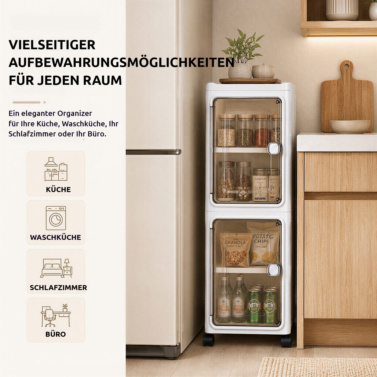 BlingBin Aufbewahrungsbox Stapelbox mit Tür und Rollen, 4‑2 Ebenen schmaler Badezimmerschrank (2er Set, 2 St., 22B x 25T x 67H cm), 22 x 25 x 67 cm, Organizer m – Bild 3 von 5