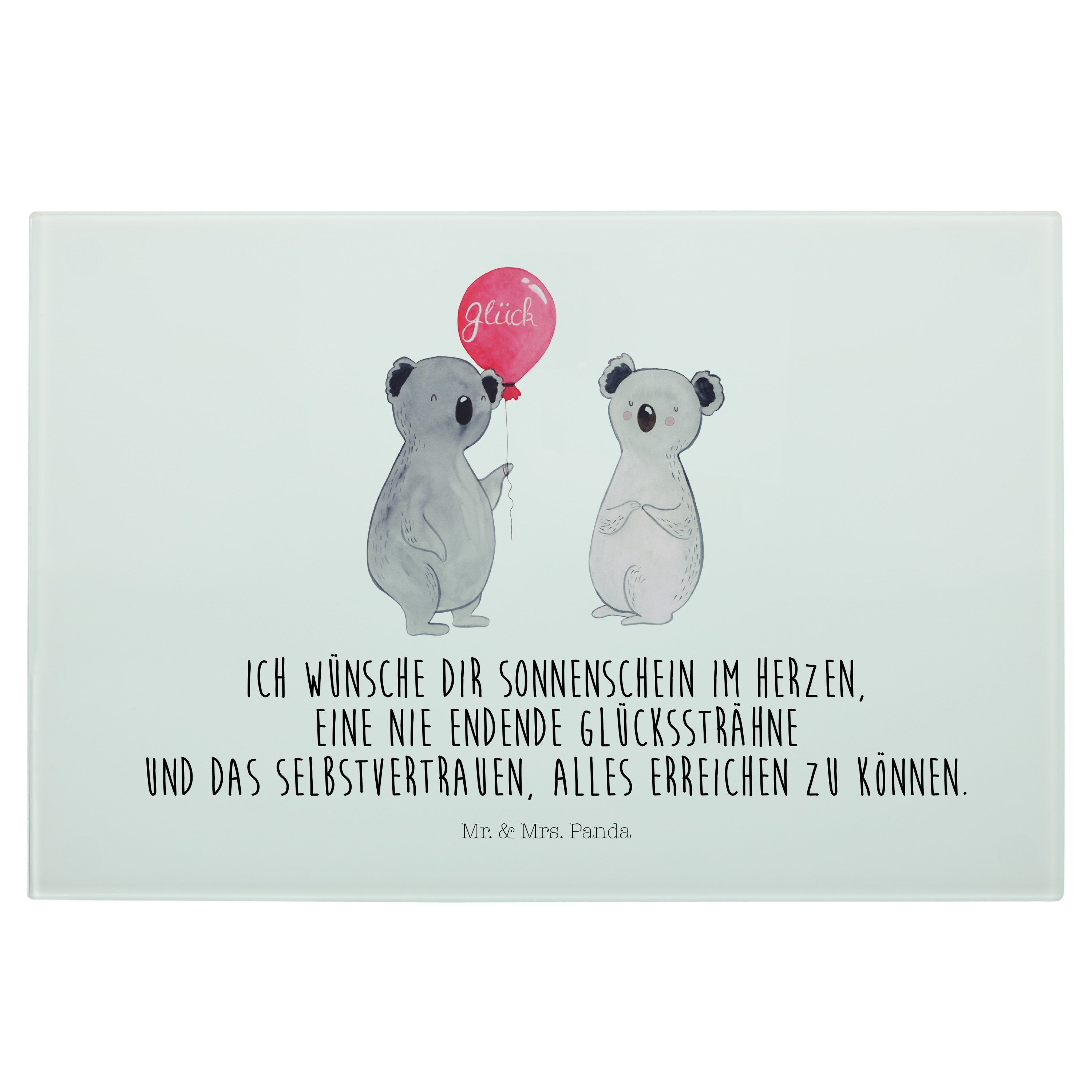Mr. & Mrs. Panda Servierbrett Koala Luftballon - Weiß - Geschenk, Party, Koalabär, Schneidebrett, G, Premium Glas, (1-St)