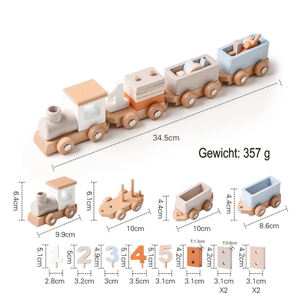 CLTYQ Spielzeug-Zug Holzzug mit Sortierwürfeln,Geburtstagszug,Montessori Holzspielzeug, (Holzeisenbahn-Set, 9-tlg), für Kleinkinder Jungen und Mädchen im Alter von 3 bis 5 Jahren