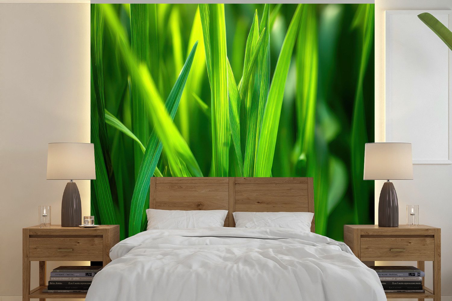 MuchoWow Fototapete Grashalme - Hell - Grün, Matt, bedruckt, Vinyl Tapete für Wohnzimmer oder Schlafzimmer, Wandtapete, 240x240 cm