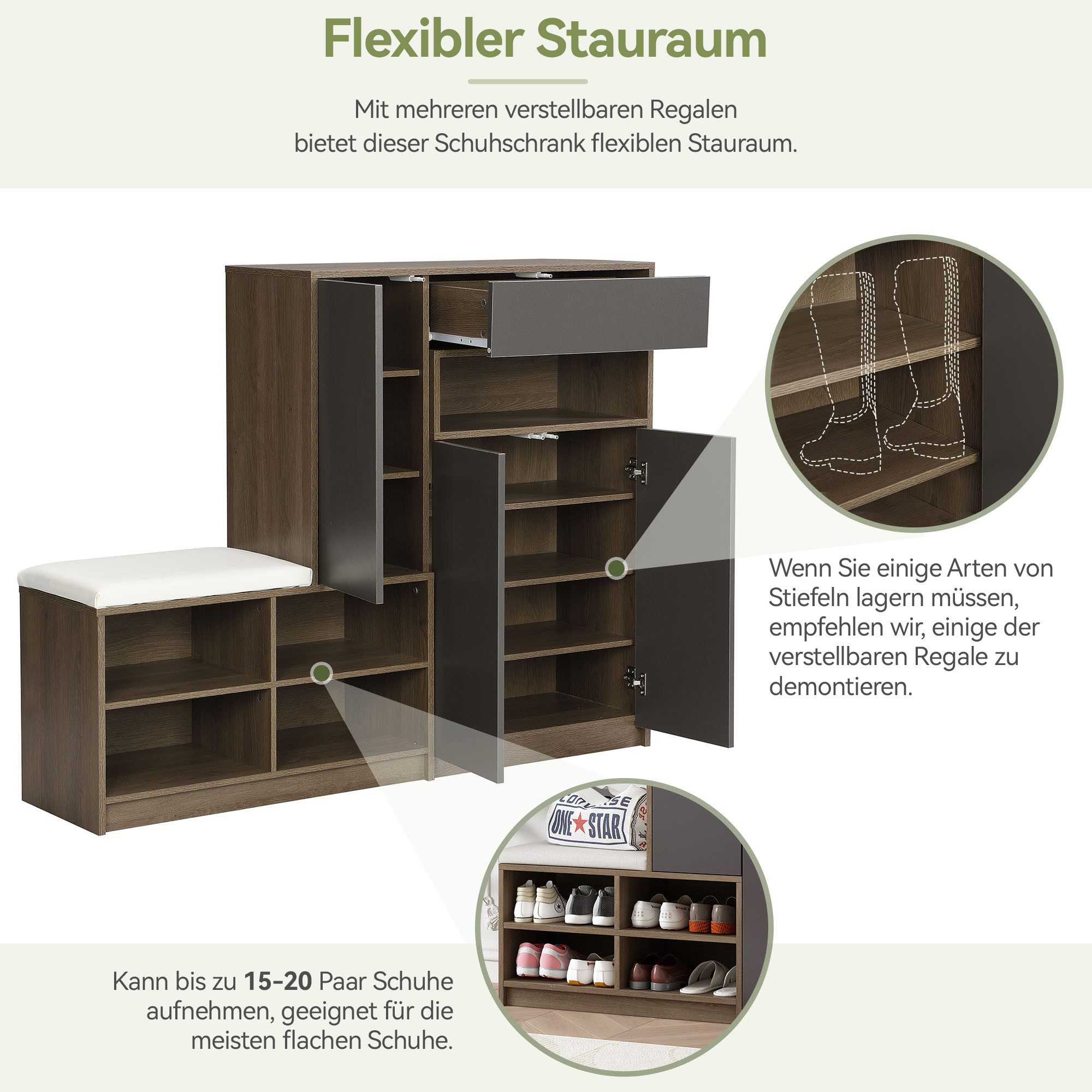 HAUSS SPOLE Schuhschrank Schuhkommode Schuhregal mit mit gepolster Sitz, verstellbaren Regalen (Schuhregal, Schuhaufbewahrungsbank, Schuhbank, 1-St., mit Sitzfläche) mit gepolstertem Sitz, verstellbaren Regalen