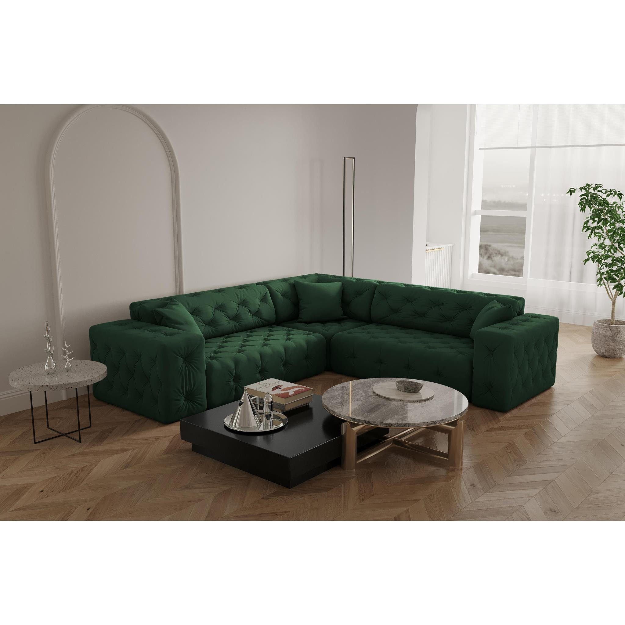 Beautysofa Polsterecke Moreno corner, Corner Polsterecke mit Wellenfedern aus Velvetstoff, mane links oder rechts montiebar, mit hochwertiger Knopfheftung Opera green