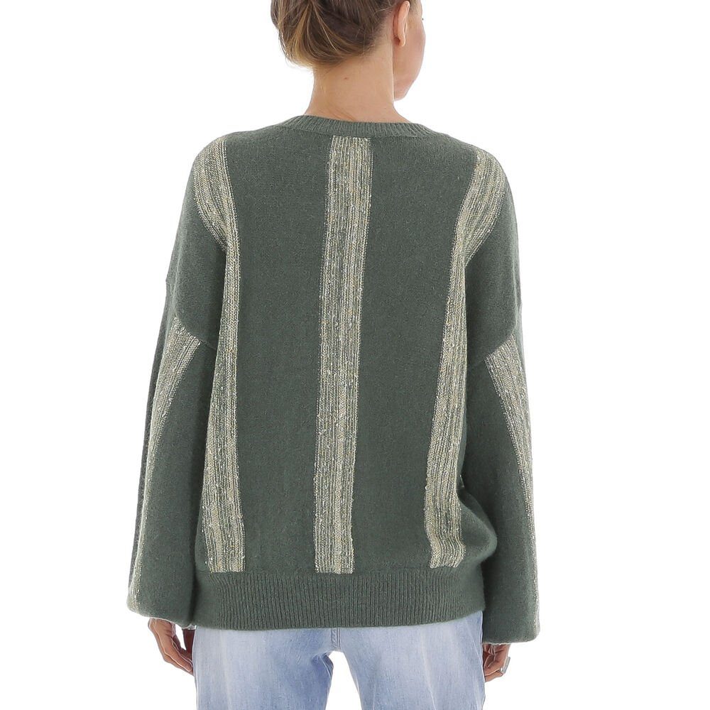 Ital-Design Strickpullover Damen Freizeit (81561302) Glitzer Gestreift Stretch Strickpullover in Grün