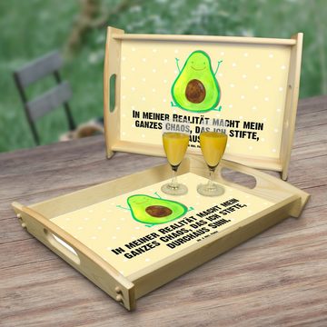 Mr. & Mrs. Panda Tablett Avocado Glücklich - Gelb Pastell - Geschenk, Frucht, Tablett, Freude, Echtholz lasiert, (1-tlg), Strahlender Aufdruck