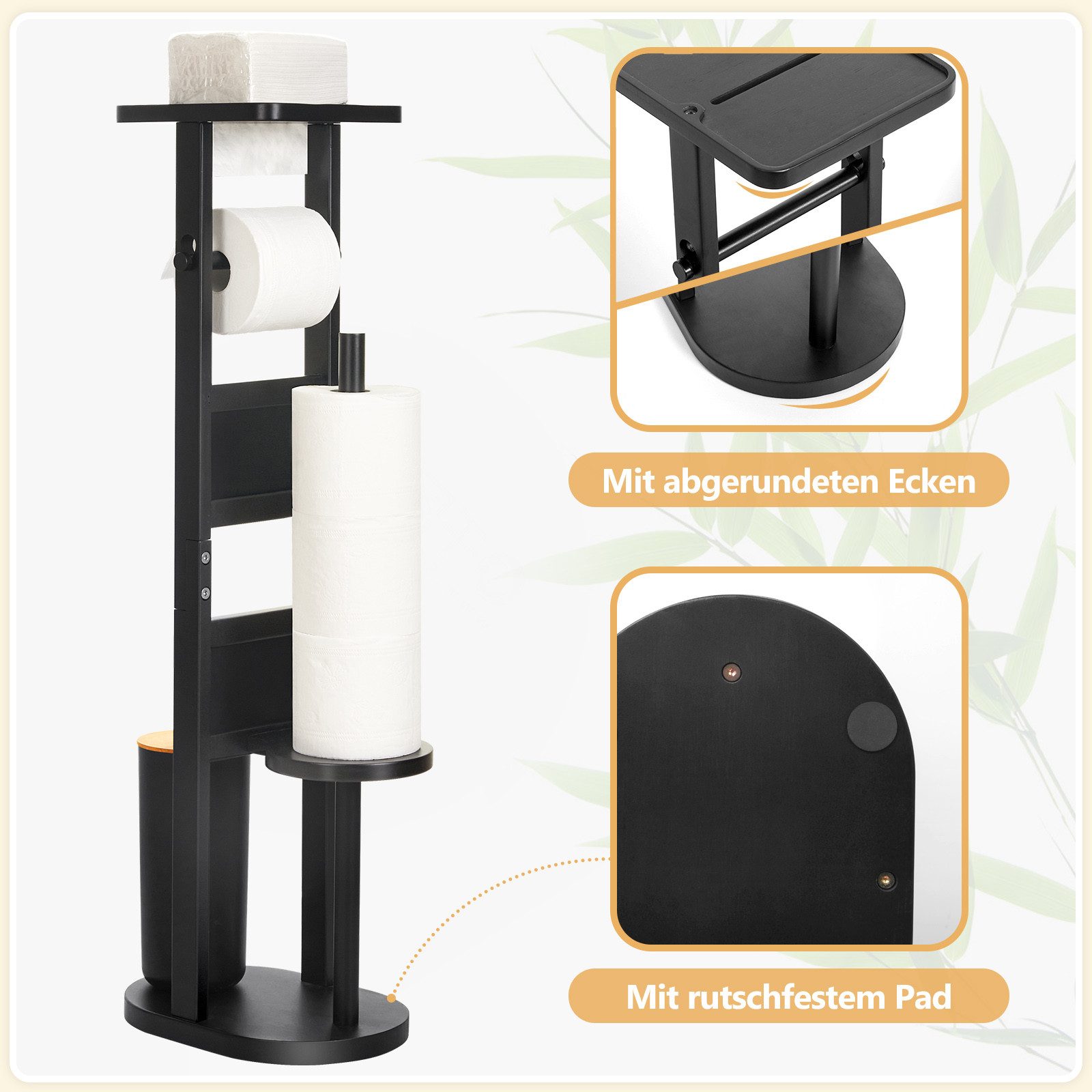 Yorbay WC-Garnitur Toilettenpapierhalter stehend aus Bambus, (WC-Bürstenhalter/Ablage, /Toilettenbürste/Klorollenhalter), Stand WC Garnitur mit Klobürste für WC – Bild 5 von 5