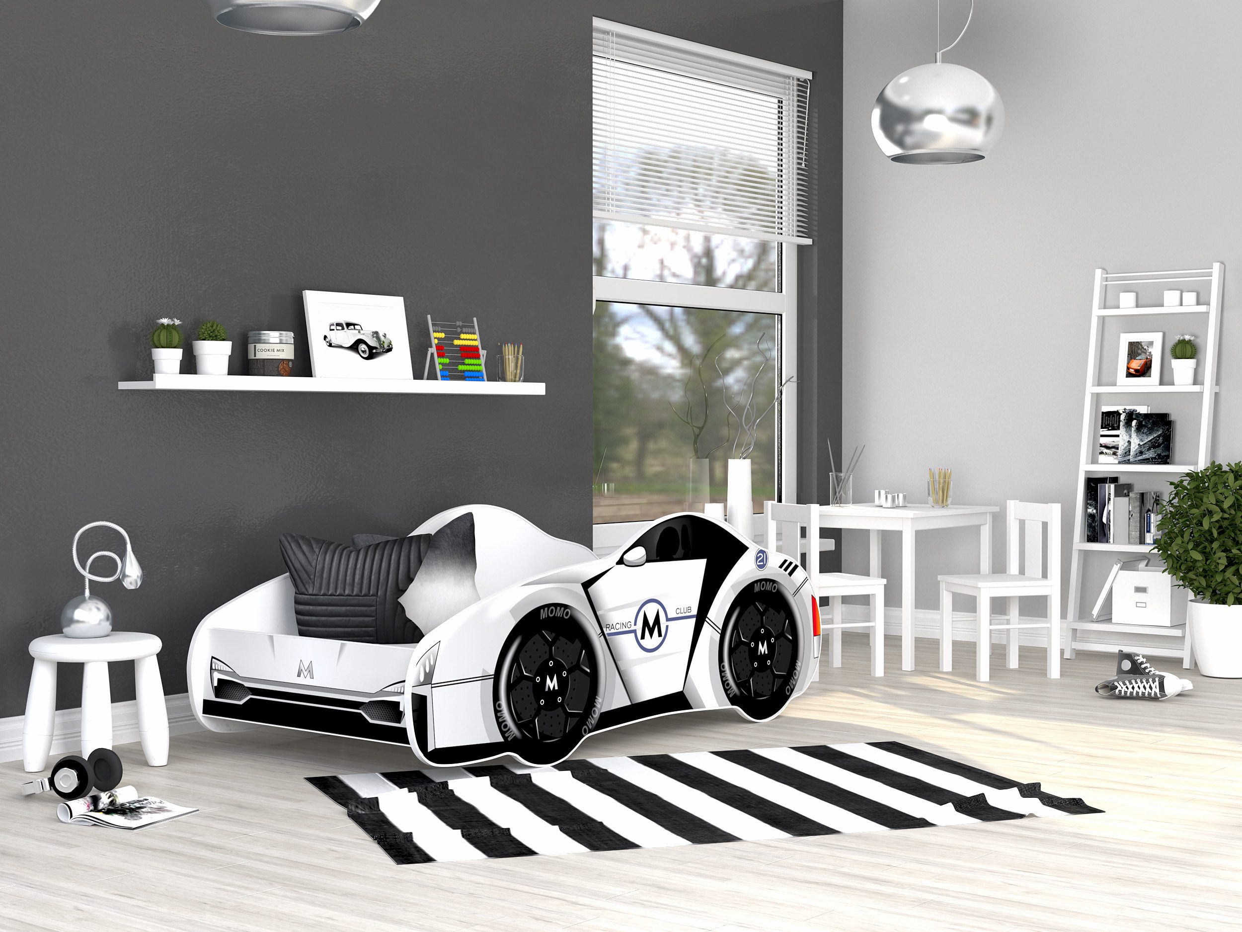 AJKmeble Autobett Kinderbett Jugendbett 70x140cm Gamerbett optional mit Matratze (MADE IN EU - für Jungen und Mädchen, Rennwagen, 140x70cm, beklebtes Spielbett für Ihr Kinderzimmer), Blau, Rosa, Rot, Gelb, Grün und Schwarz - RIESEN AUSWAHL