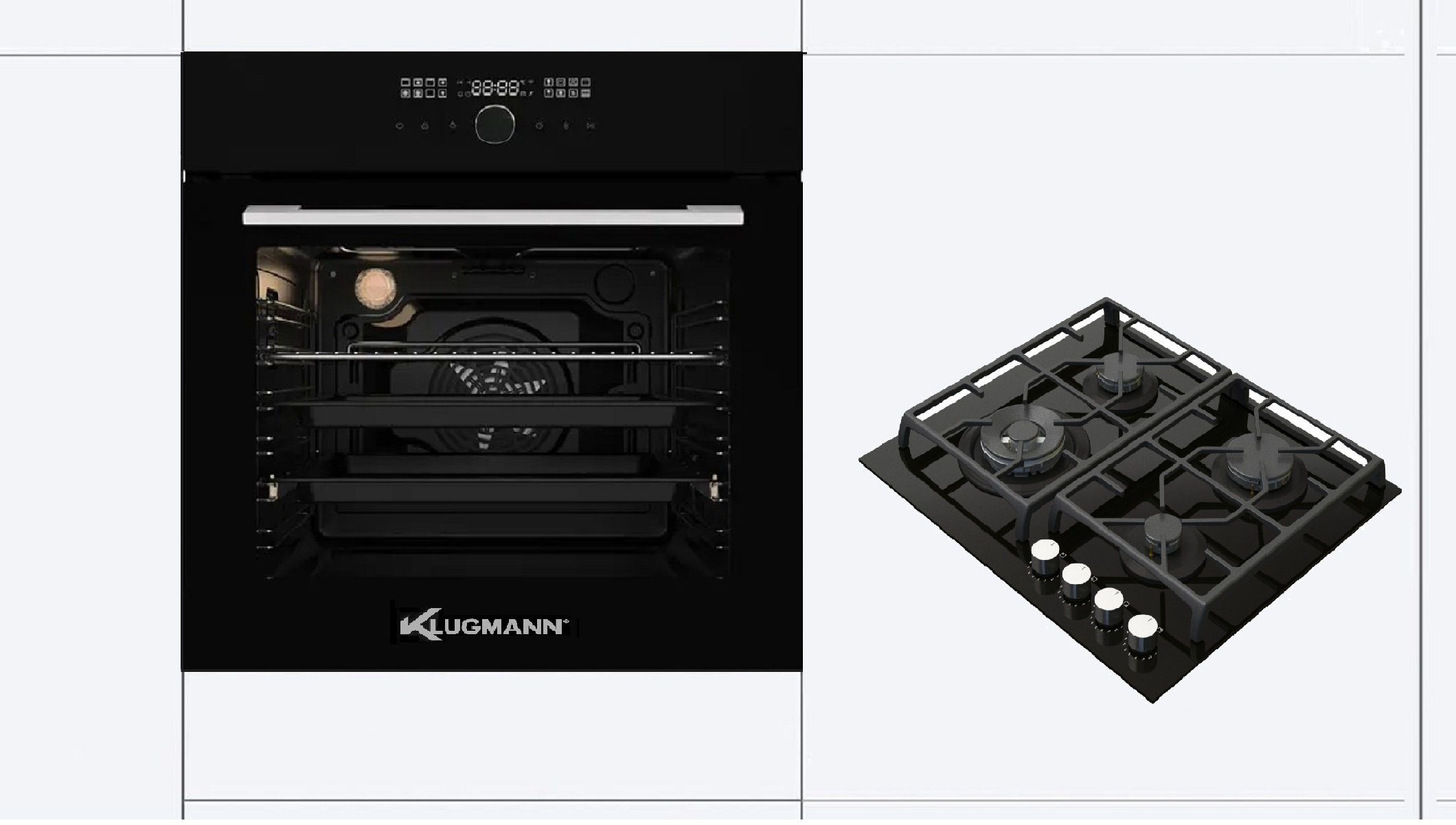 WOK-Brenner KO1676TCPI+KT6000B5, Elektro-Herd-Set 4,0 Klugmann Funktionen, mit 16 1-fach-Teleskopauszug, kW, WOK-Aufsatz 76L, Teleskopauszug,