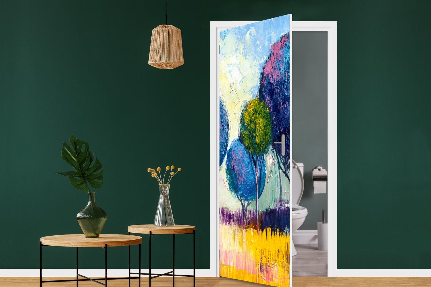 MuchoWow Türtapete Gemälde 75x205 bedruckt, Türaufkleber, Ölfarbe - Natur, - Tür, (1 - St), Fototapete für Matt, cm Baum
