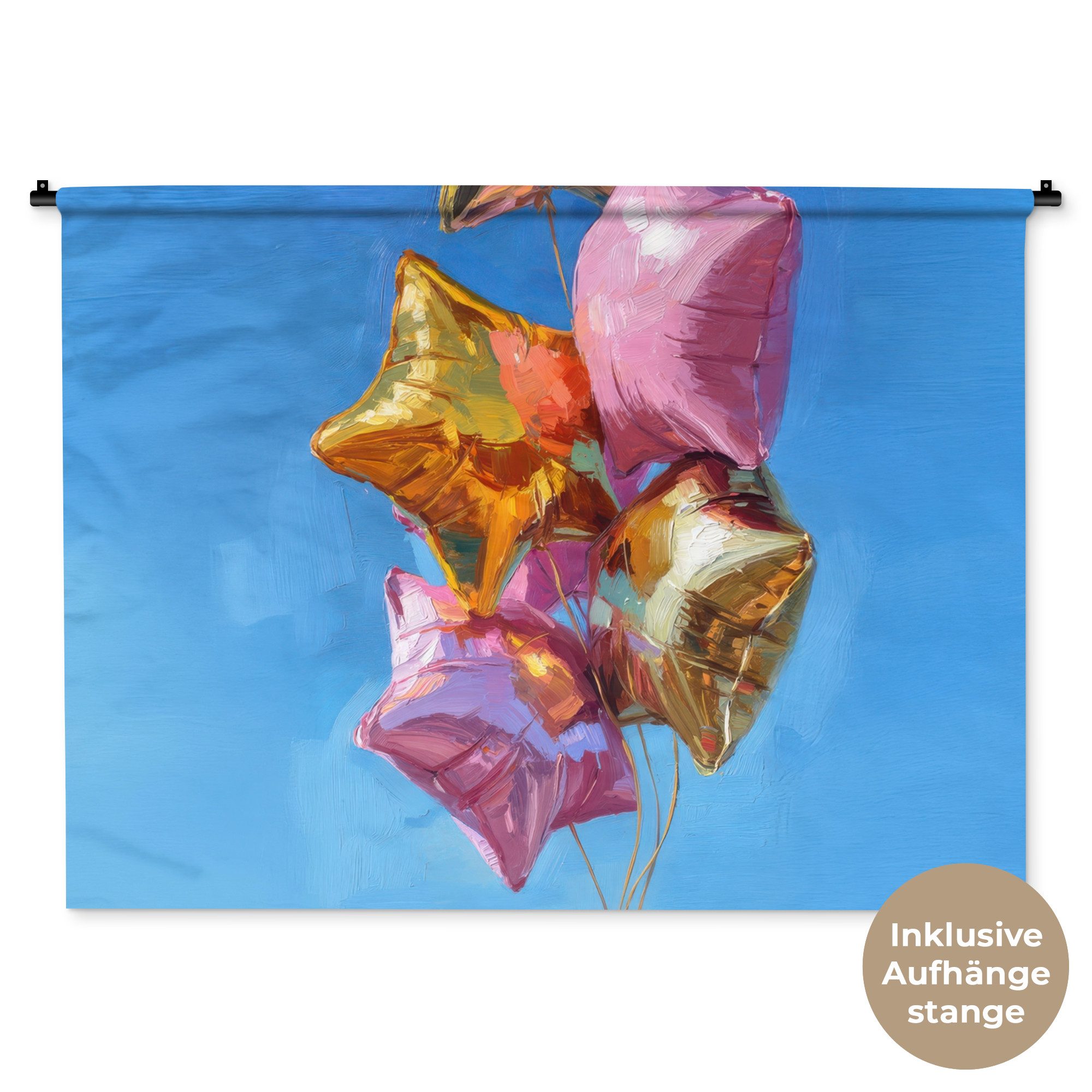 MuchoWow Wandteppich Ballons - Gold - Sternförmig - Rosa, Rechteckig, Höhe: 3 mm, Wanddeko Teppich Wohnzimmer, Schlafzimmer, 120x90 cm