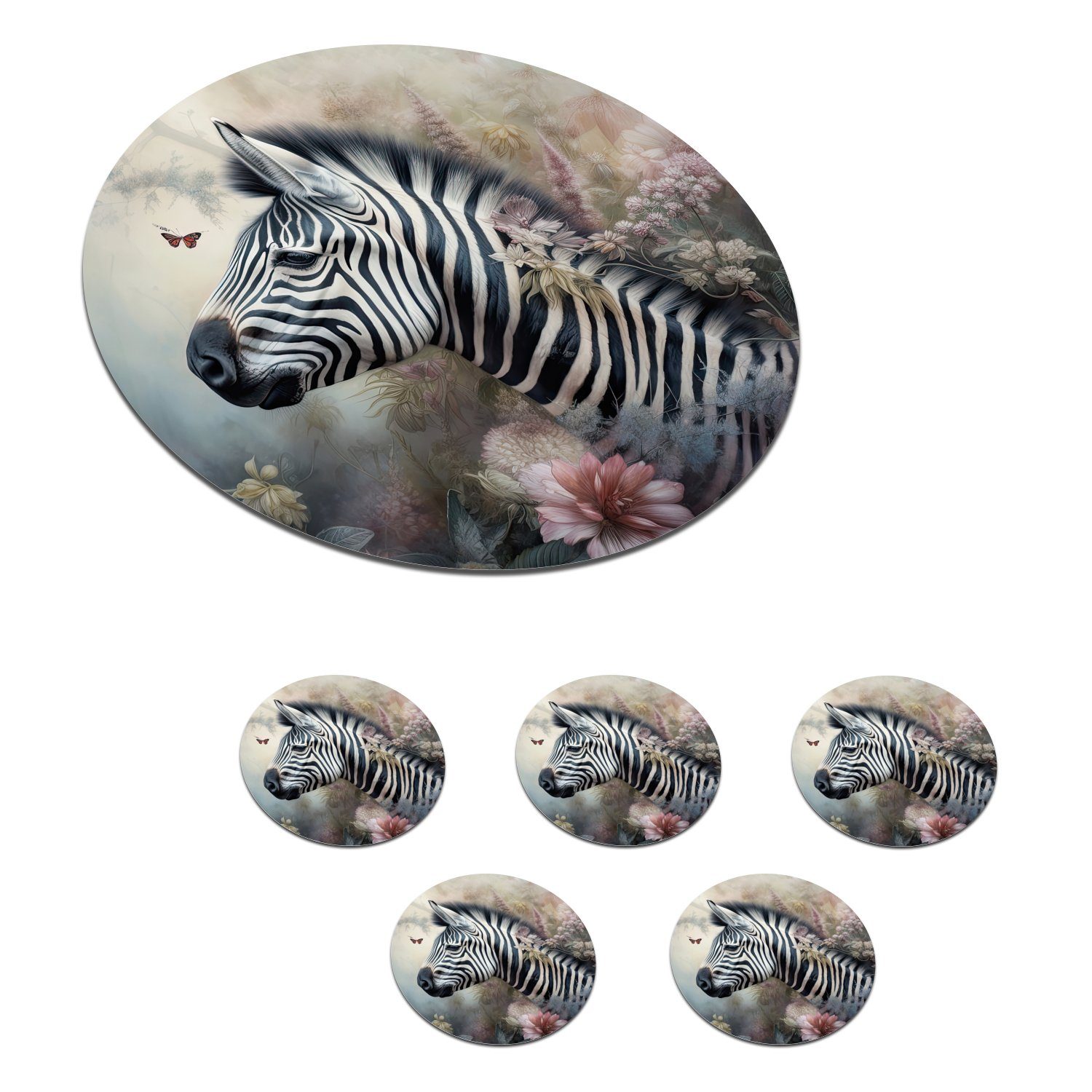 MuchoWow Glasuntersetzer Zebra - Wilde Tiere - Schmetterling - Blumen, Zubehör für Gläser, 6-tlg., Getränkeuntersetzer, Tassenuntersetzer, Korkuntersetzer, Tasse, Becher