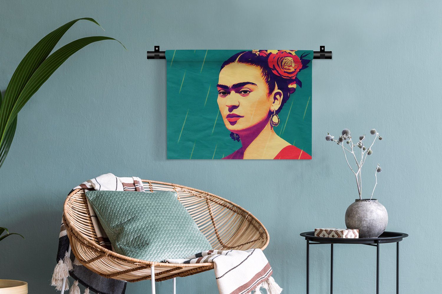 MuchoWow Wanddekoobjekt Porträt - Kahlo Wandbehang, - - Vintage Wohnzimmer, Frau Rot, Kleid, für Schlafzimmer, Kinderzimmer Frida - Wanddeko