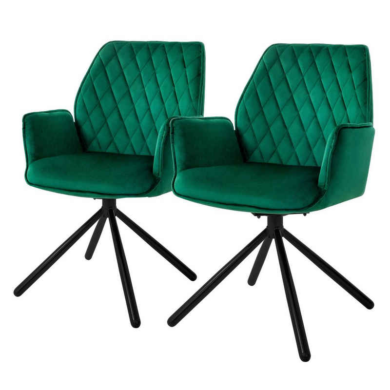 ML-DESIGN Stuhl Drehstuhl mit Armlehne & Rückenlehne Ergonomische mit Metallbeine (2 St), 2x Armlehnstuhl Dunkelgrün aus Samt 180° Drehbar ergonomische Sessel