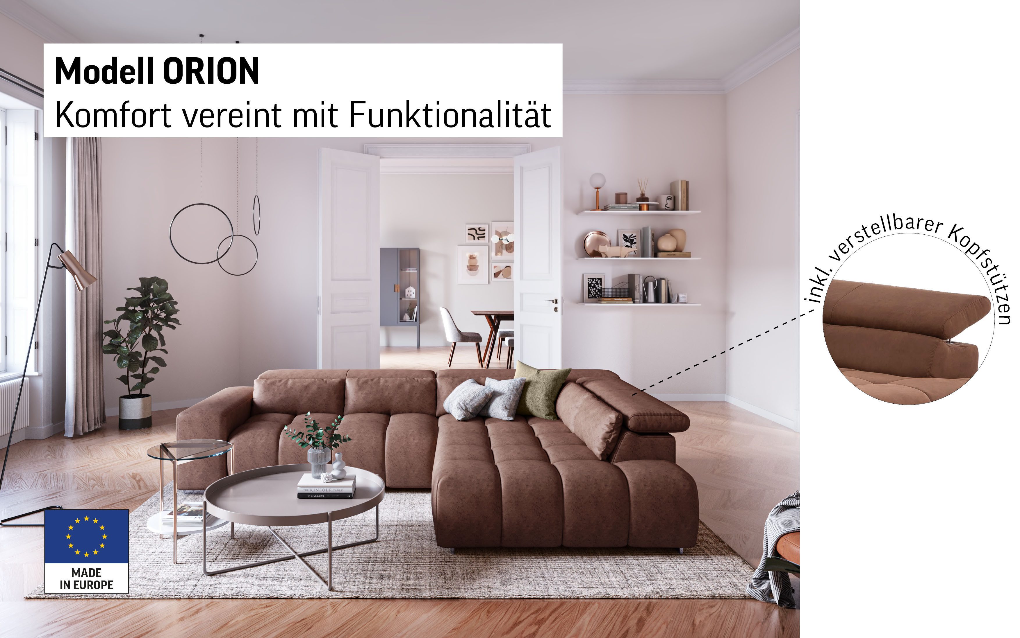 COTTA Ecksofa Orion L-Form, mit Kopfteilverstellung & 5 Nierenkissen