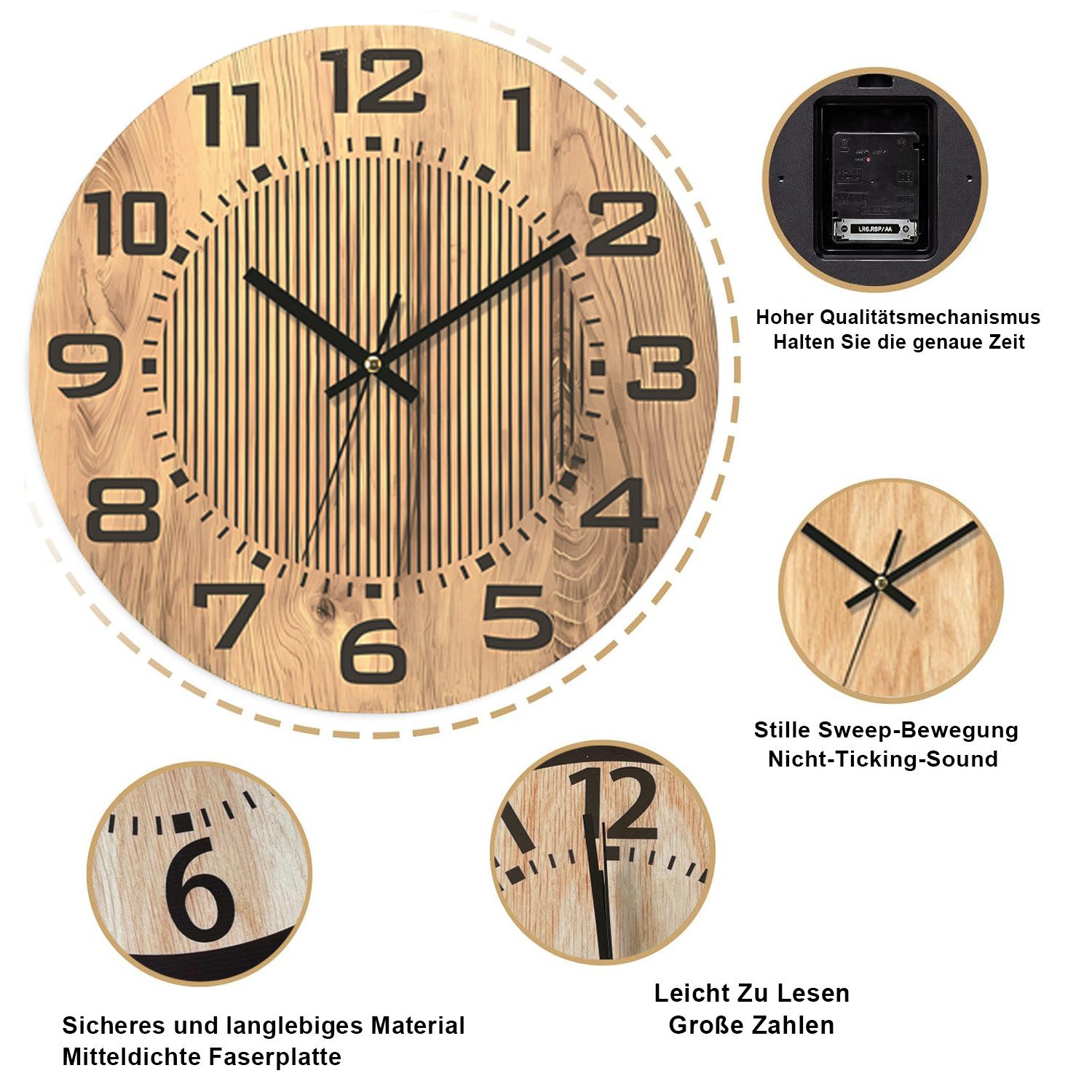 OKWISH Wanduhr Rund Holz Wand Uhr modern Leise Uhr ohne Ticken 34CM (Große günstig online kaufen