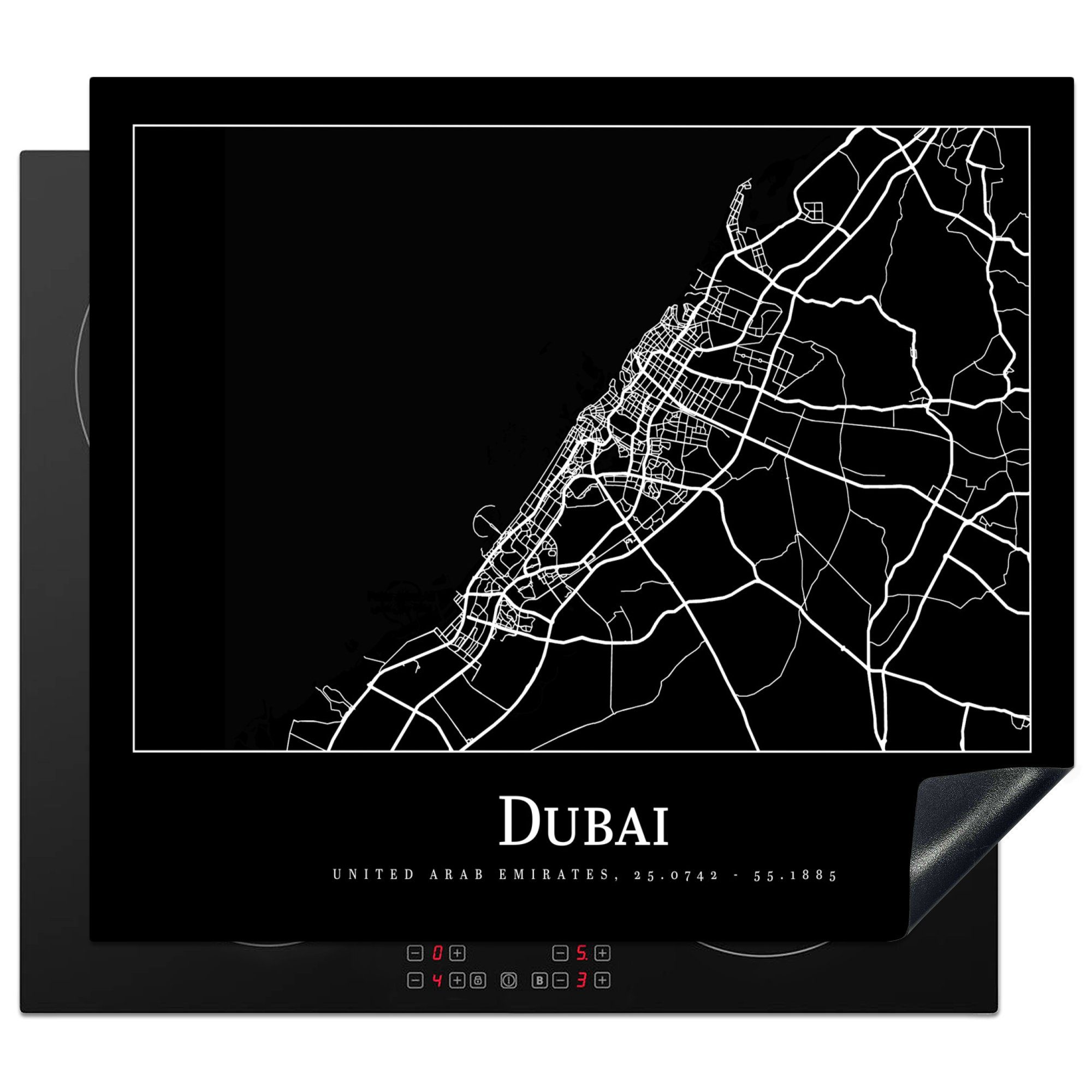 MuchoWow Herdblende-/Abdeckplatte Dubai Stadtplan - Karte, Vinyl, (1 tlg), 57x51 cm, Induktionsschutz, Induktionskochfeld, Ceranfeldabdeckung