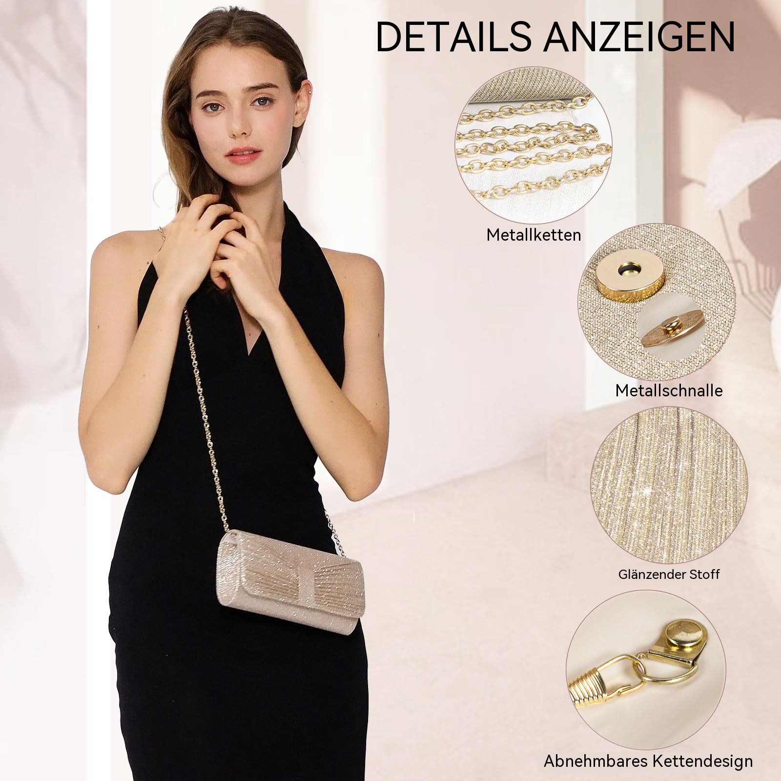 nsihing Abendtasche Damen-Abendtasche/Clutch/Hochzeitstasche/ Glitzernde Party-Handtasche, Mit abnehmbarer Kette