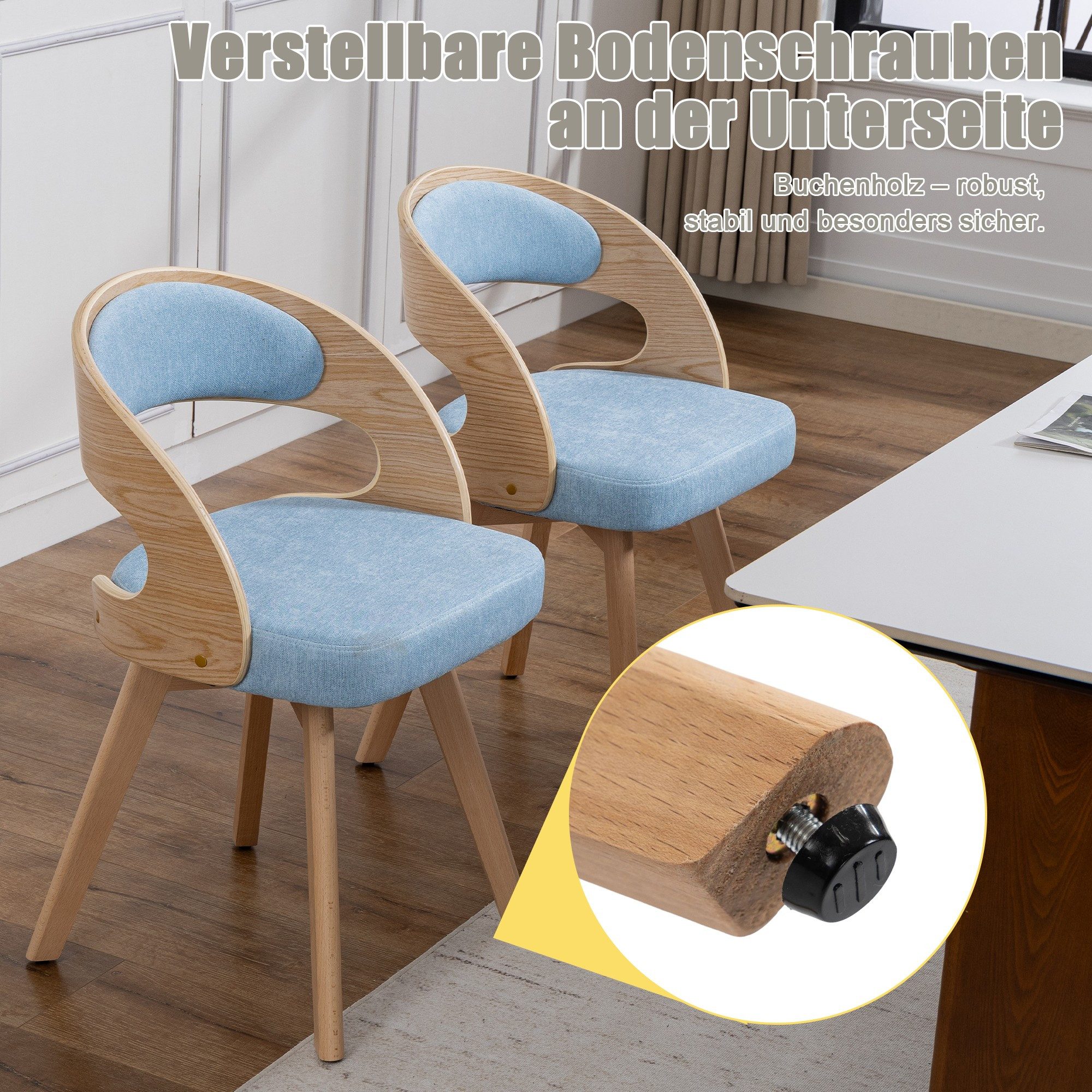 LVHOM Esszimmerstuhl 360° drehbar, geschwungene Rückenlehne, Massivholzrahmen, 2er-Set (Leinenstoff, ergonomisches Design,verstellbare, rutschfeste Füße, nach a – Bild 4 von 5