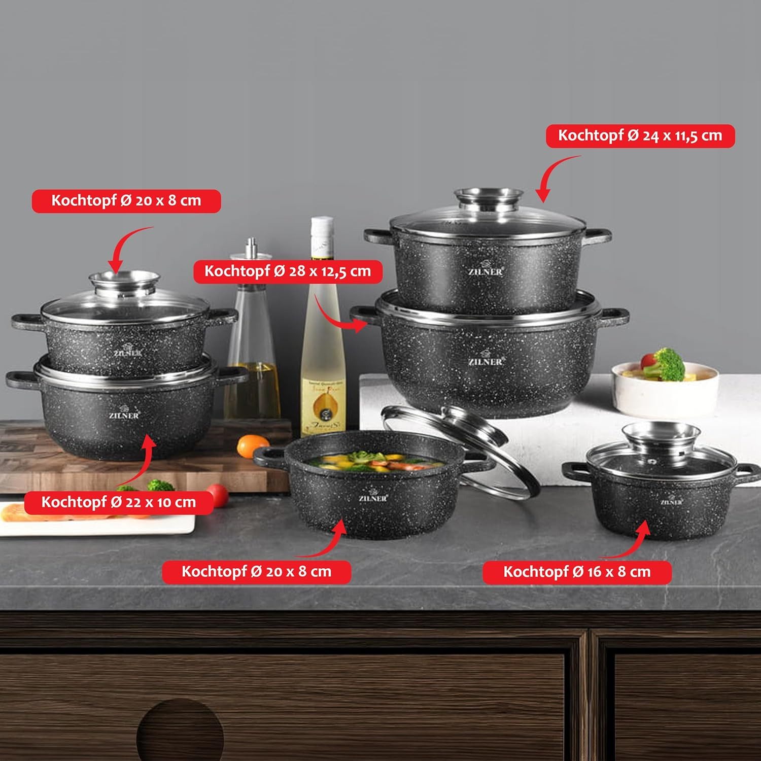Zilner Topf-Set Schöne schwarze Töpfe in 6 verschiedenen Größen, Steinbeschichtung, Aluminiumguss, Aluminium, Keramik, Edelstahl (1.3L / 2.3L / 3.2L / 4.5L / 6.8L, 12-tlg., Es ist eine perfekte Geschenkidee für jeden Anlass. Bestseller Topfset), Innovative Aroma Knob-Griffe