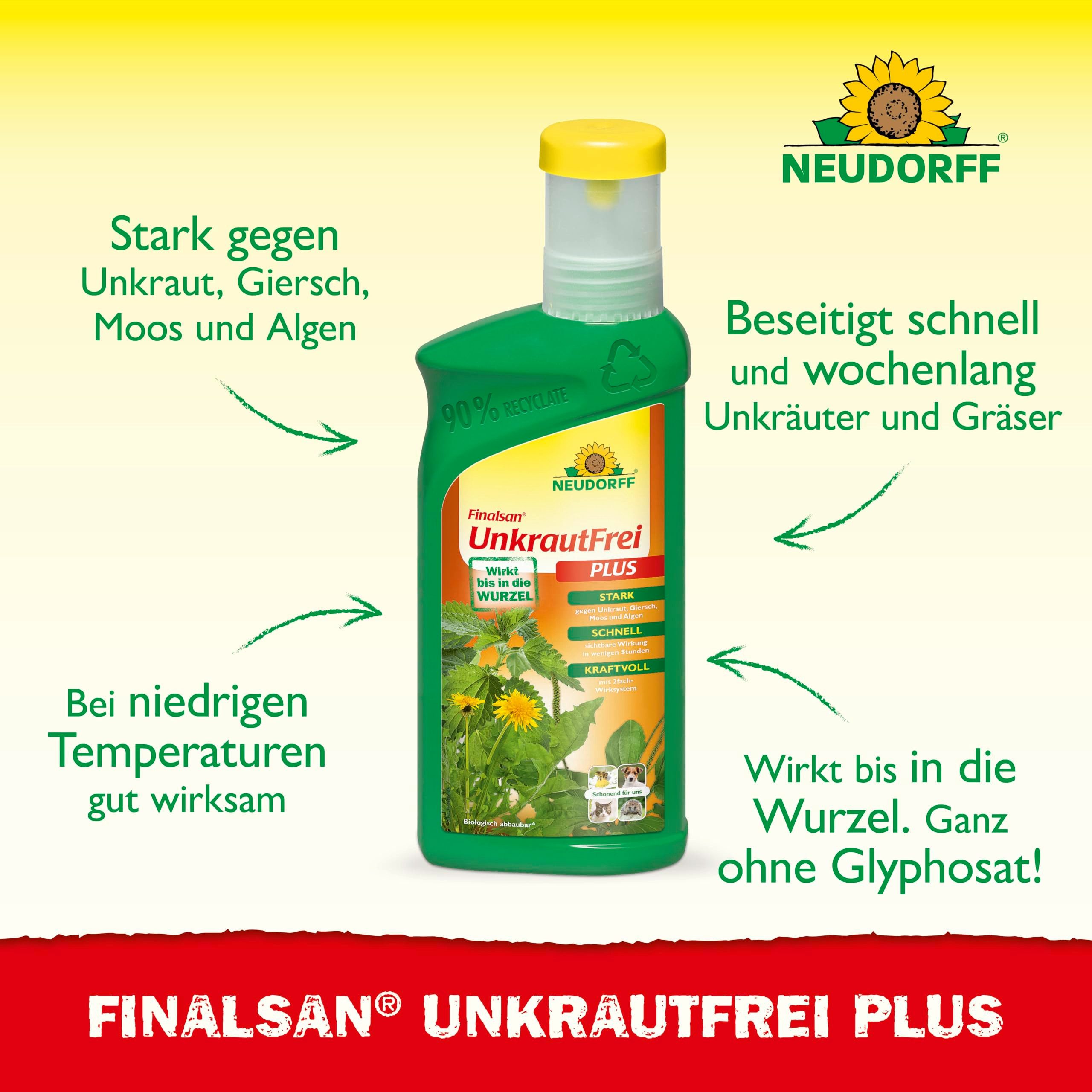 Neudorff Unkrautbekämpfungsmittel Finalsan UnkrautFrei Plus 500 ml für 90 m², 500 ml, schonend für Haustiere, Unkraut entferner ohne Glyphosat, sichtbare Ergebnisse in wenigen Stunden, kraftvoll mit 2fach-Wirksystem bis in die Wurzel
