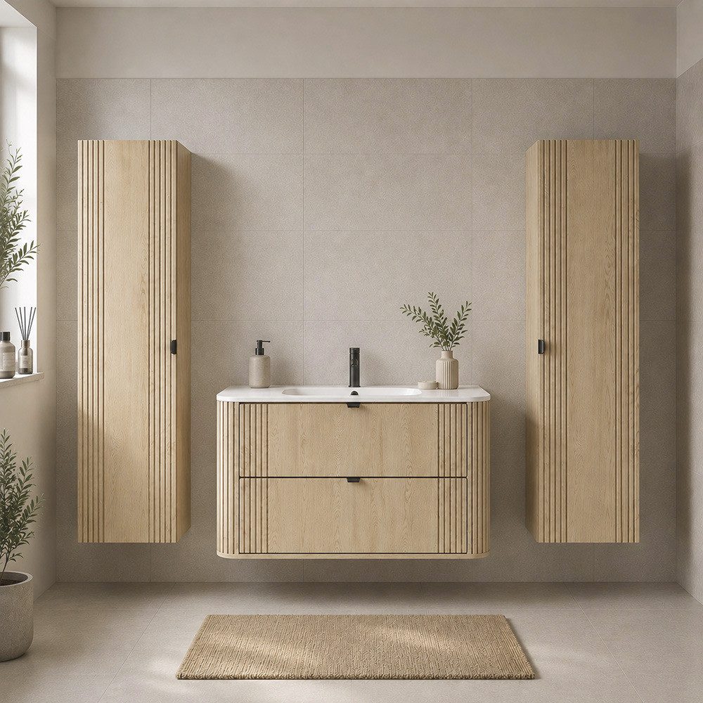 Lomadox Badmöbel-Set OLIVA-56, (Spar-Set, 2-St., Waschtisch Hochschränke), Eiche Rillen Keramik Waschbecken Metallgriffe Softclose