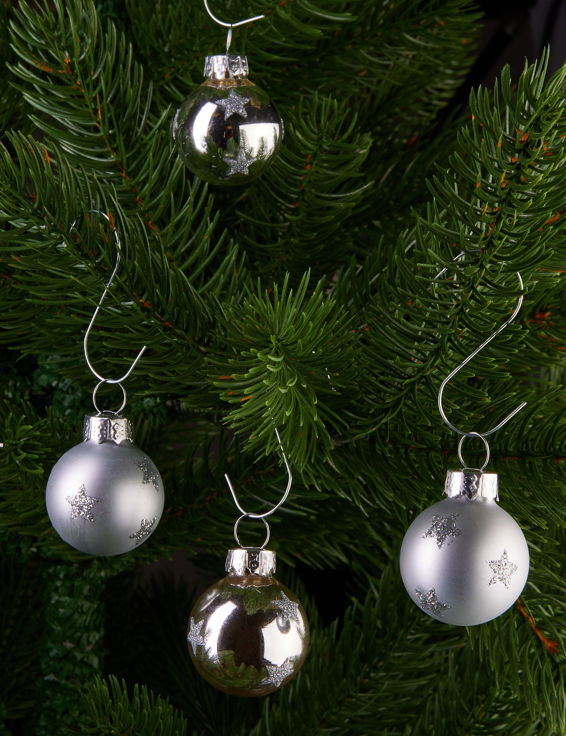 Baumkugel Glitzer Kugeln Baumschmuck und Mini Weihnachtskugeln cm Weihnachtsbaum 3 für Weihnachtsdeko (12 Silber Set St), Sternen mit - - BRUBAKER Weihnachtsbaumkugel Handbemalter