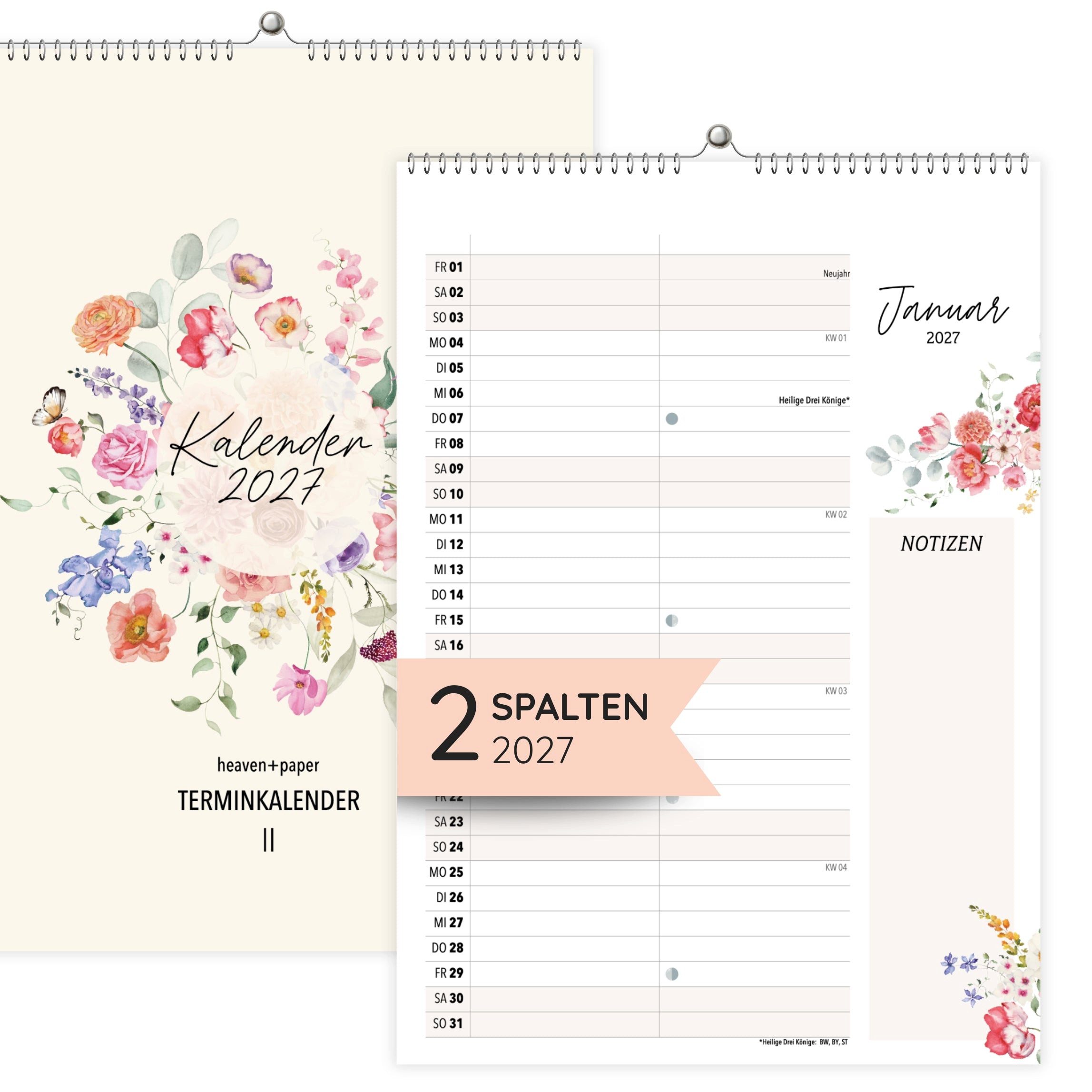 heaven+paper Jahresplaner A4 Wandkalender 2 Spalten Wildblumen 2027, Hergestellt in Deutschland