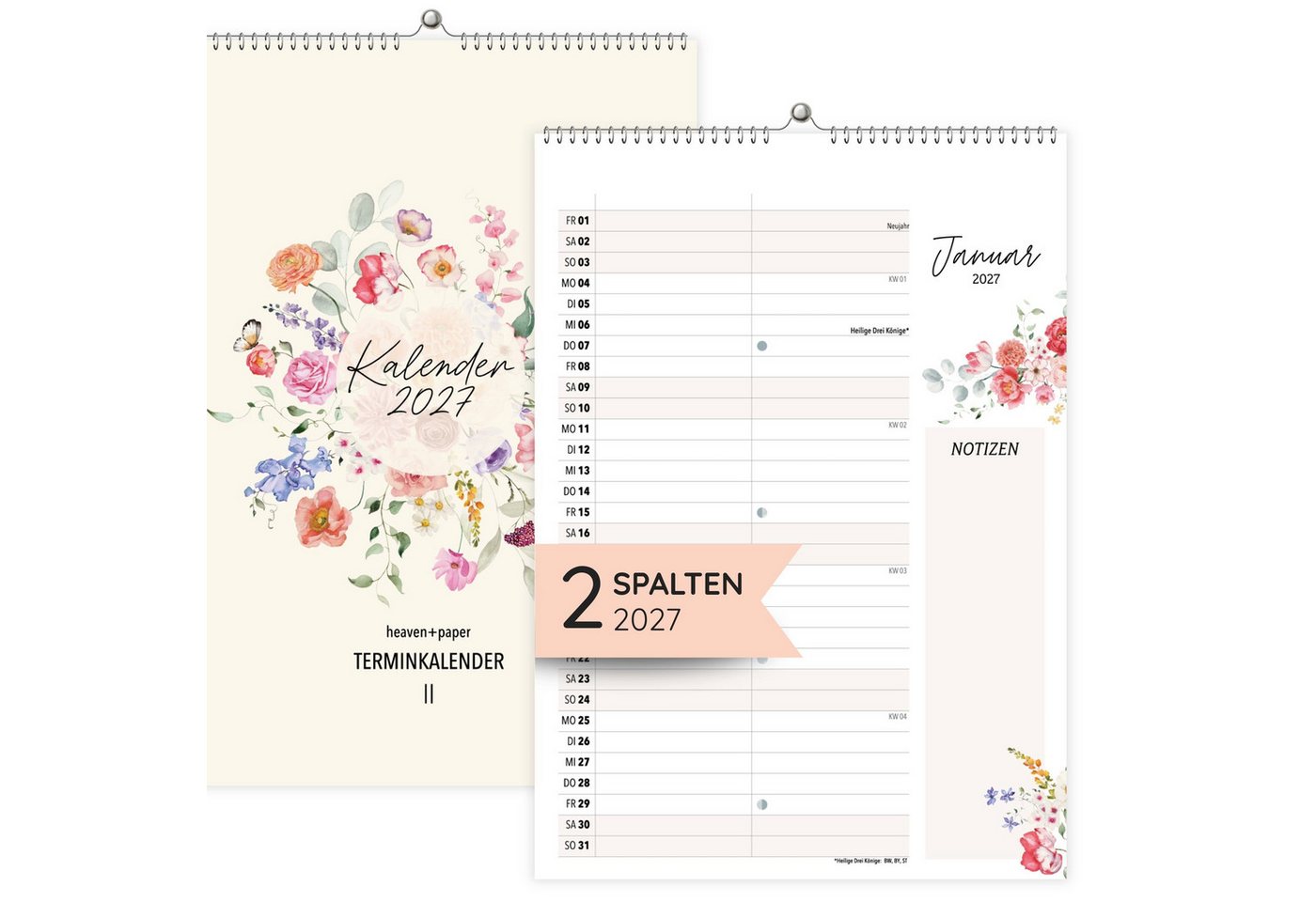 heaven+paper Jahresplaner A4 Wandkalender 2 Spalten Wildblumen 2027, Hergestellt in Deutschland