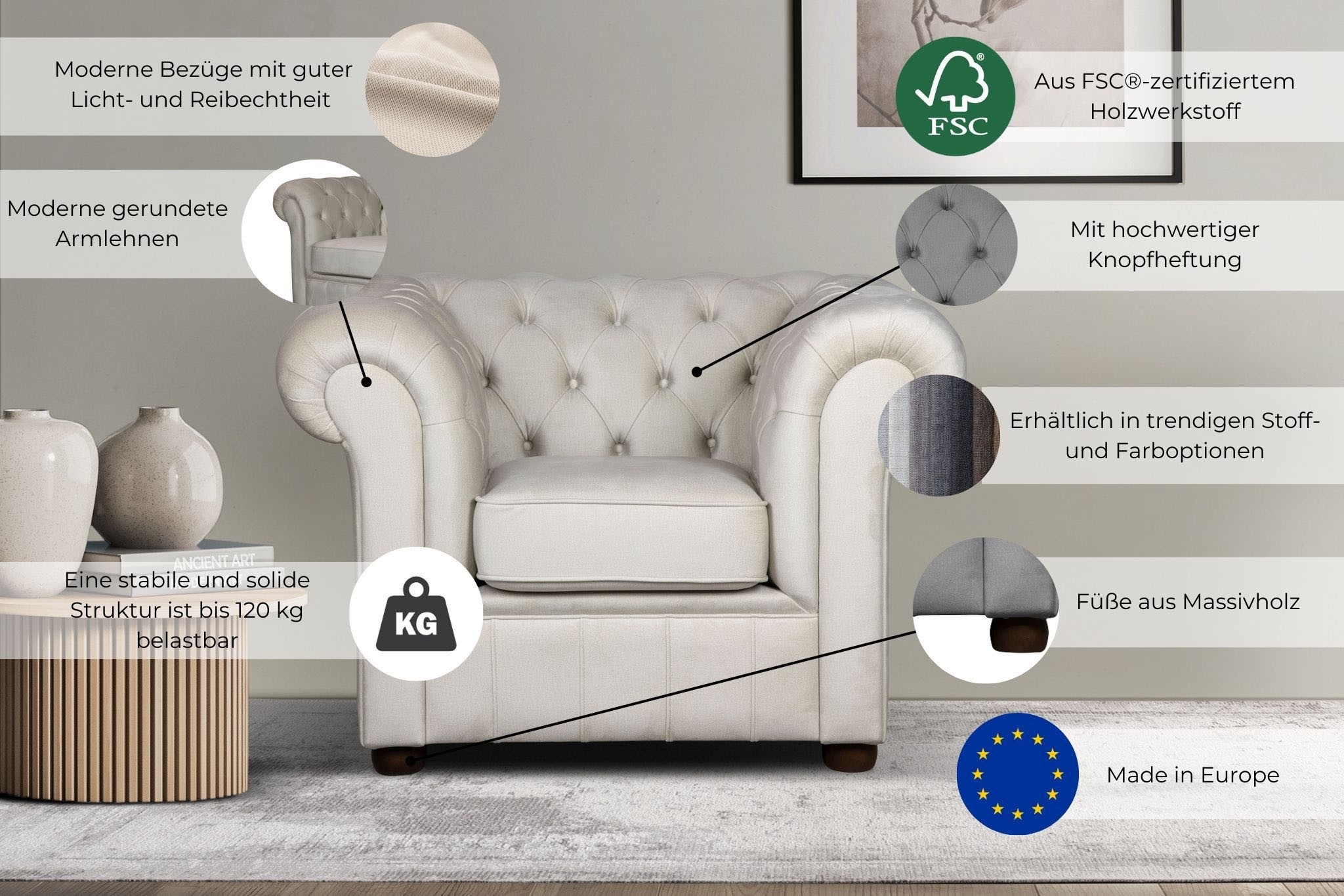 Home affaire Sessel CHARENTE, Chesterfield, Wellenfederung, Maße B/T/H: 105/89/74 cm, mit edler Knopfheftung und typischen Armlehnen