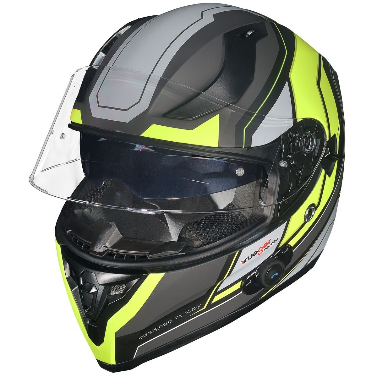 rueger-helmets Motorradhelm RT-826 COM Bluetooth Motorradhelm Integralhelm Pinlock Quad Fullface Sturzhelm HelmRT-826COM Black Neon XL