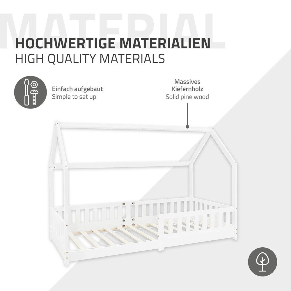 ML-DESIGN Spielbett Hausbett Kinderbett inkl. Lattenrost kreativ Bodenbett für Kinder, Abenteuerbett zum Spielen mit Rausfallschutz Kiefer Weiß Himmelbett – Bild 5 von 5