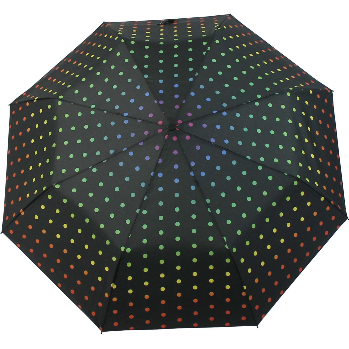 mit Regenschirm auf Damen, Taschenregenschirm Auf-Automatik HAPPY mit schöner Schwarz RAIN Regenbogen-farbenen Punkten für