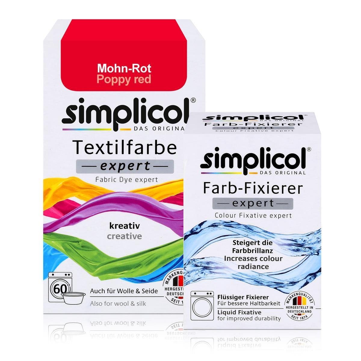 simplicol Textilfarbe Simplicol Textilfarbe expert MohnRot 150g & FarbFixierer Expert 90ml