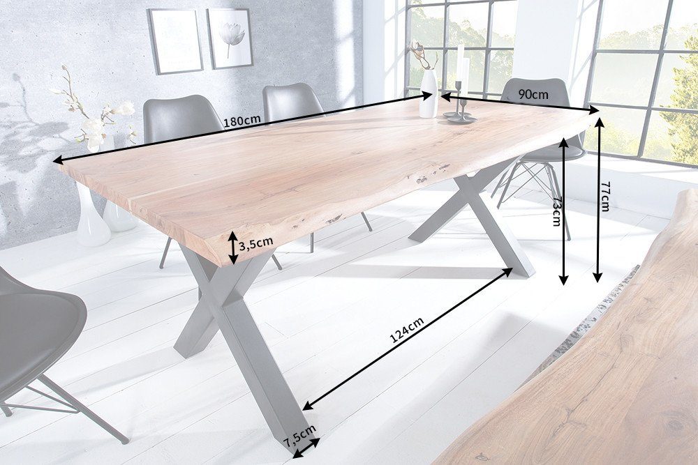 honigfarben, Tischplatte · 180cm · MAMMUT NATURE Massivholz Baumkante X-Gestell Akazie · 3,5cm riess-ambiente Baumkantentisch ·