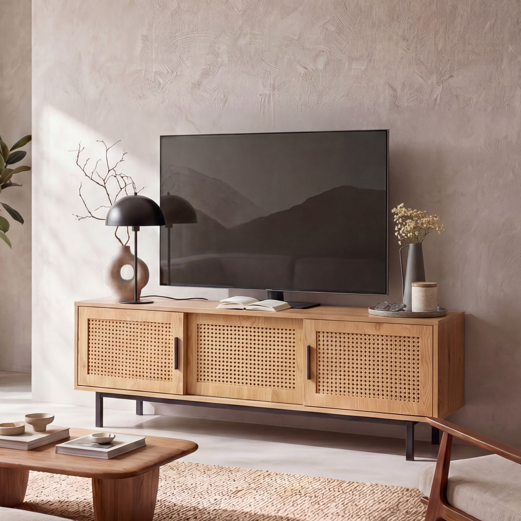 FINEBUY Lowboard FB100342 TV Schrank 120 cm Holz Eiche Fernsehkommode Wiener Geflecht (Eiche Dekor, 120x45,5x40 cm, Wiener Geflecht), TV-Kommode Hoch, TV-Schrank Modern Fernsehtisch