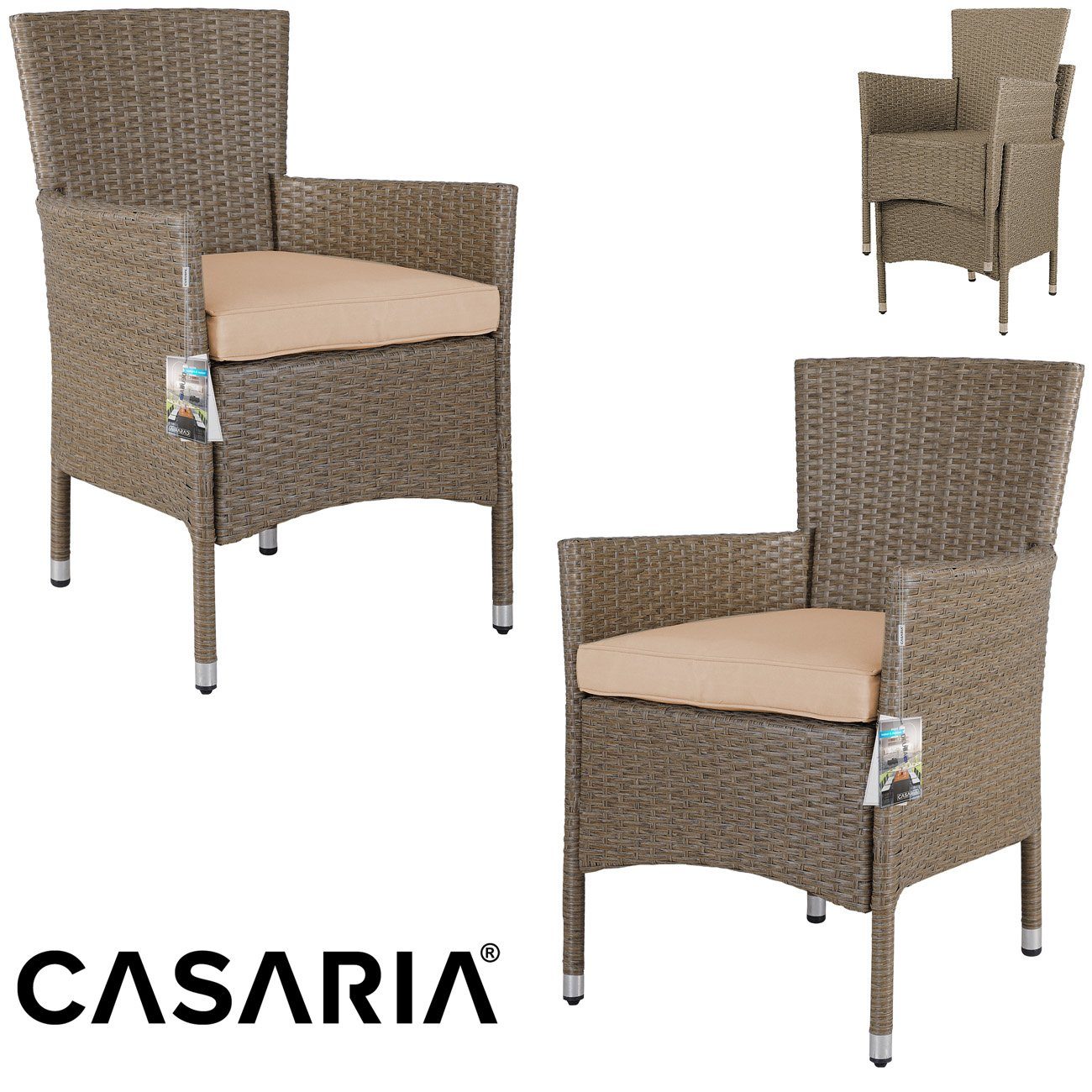 Eckbank Esstisch 15cm Casaria Auflagen Gartenstühle Polyrattan 7cm (17-tlg), Beige Sitzgruppe, WPC Kissen