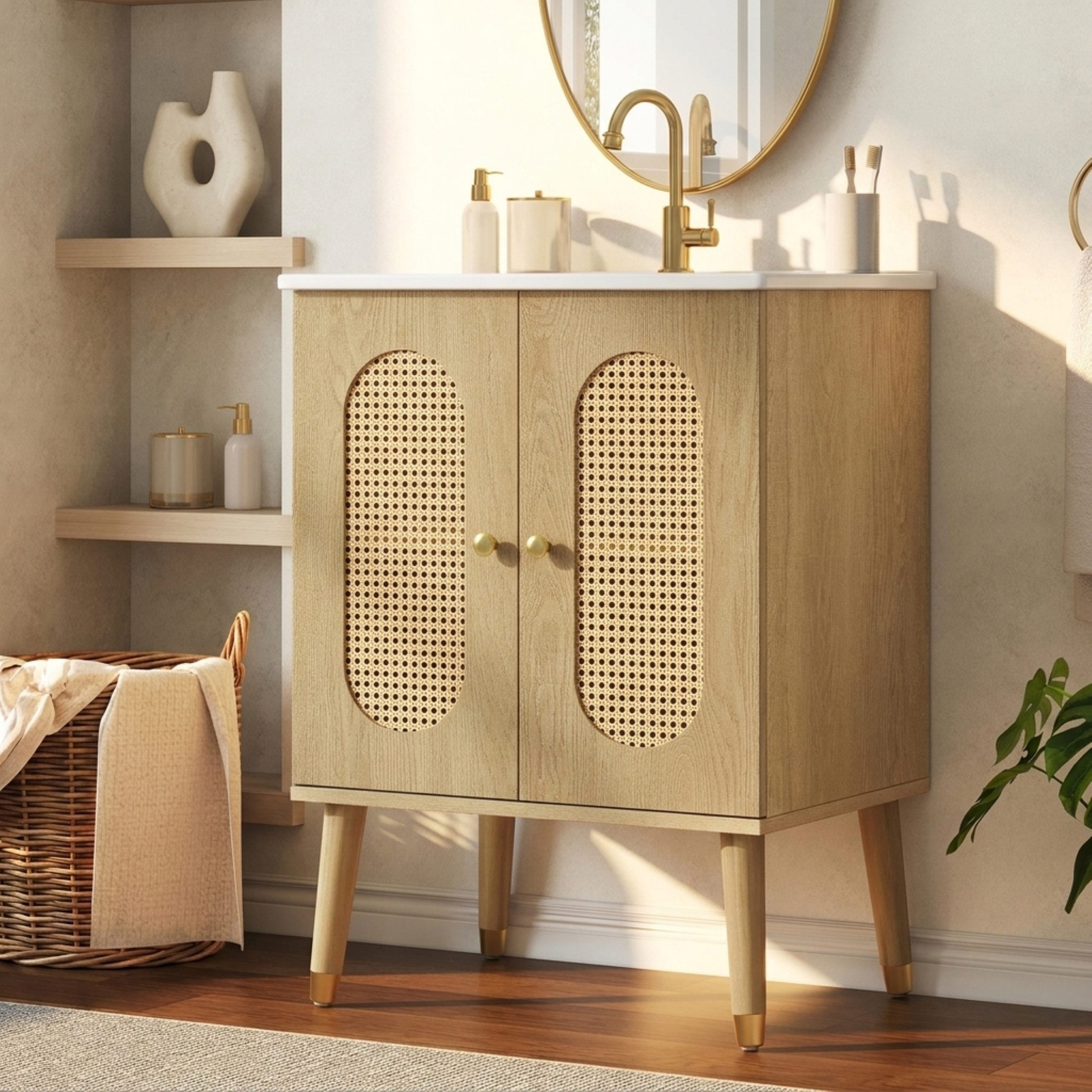 muvano Waschbeckenunterschrank Badezimmerschrank 61cm mit Keramikwaschbecken Rattan Walnussoptik