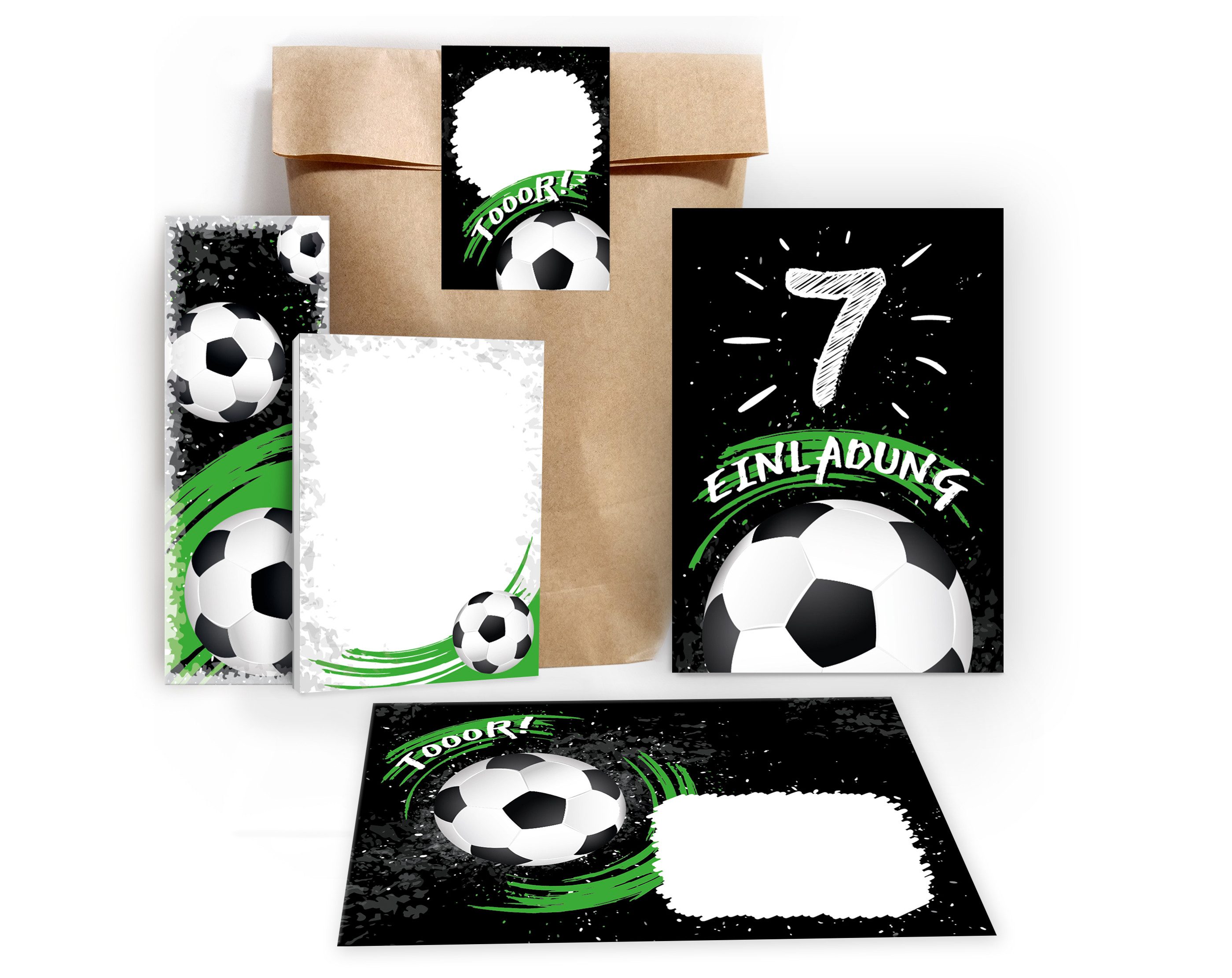 JUNAPACK Einladungskarten Fußball zum 7. Geburtstag Einladungen Karten mit Umschlägen Mitgebsel, Mitbringsel Set Fussball Gastgeschenke zum siebten Kindergeburtstag