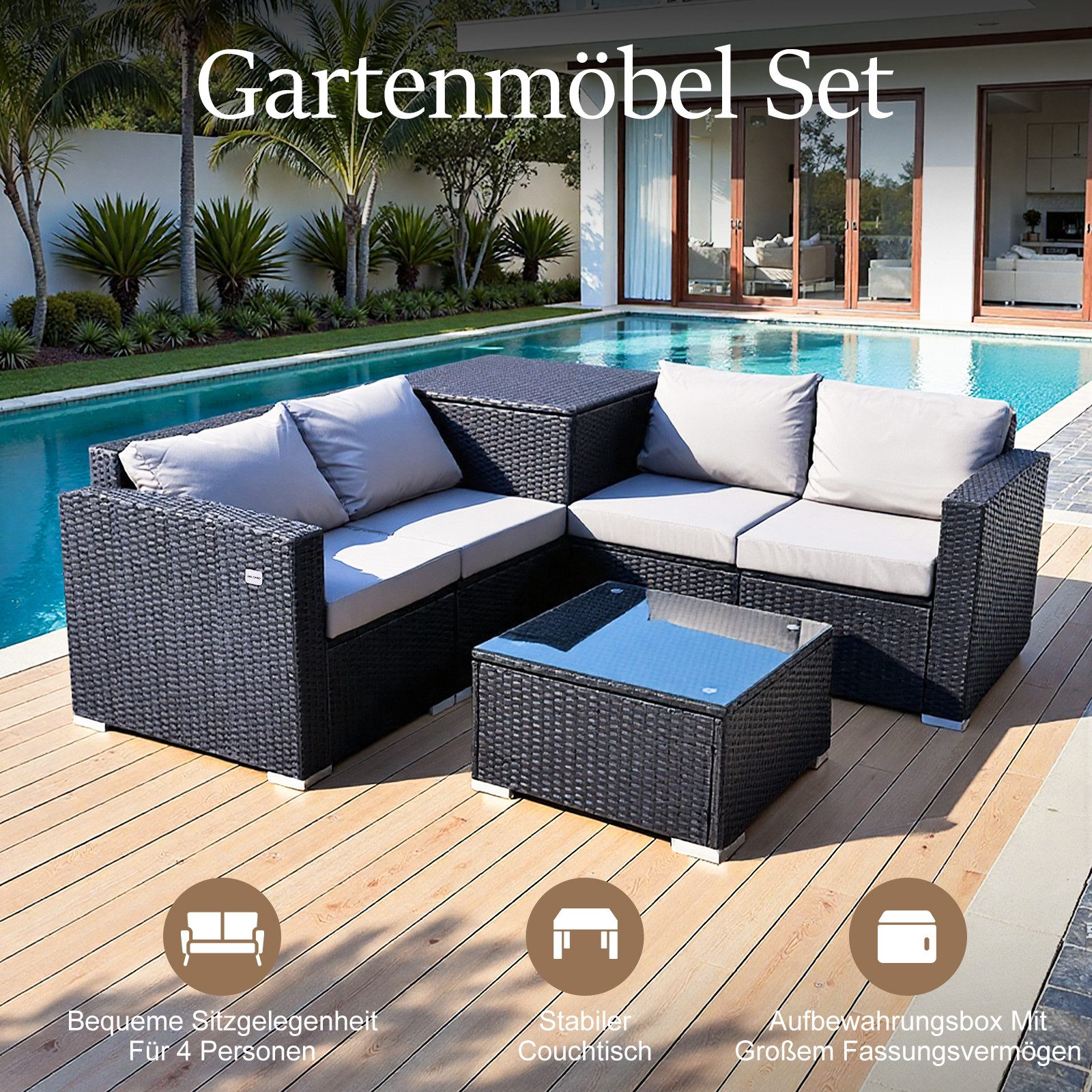 HOMAVO Gartenlounge-Set mit Beistelltisch, Aufbewahrungsbox & Abdeckung, (Set, 7-tlg, Gartenmöbel set 4 Personen)
