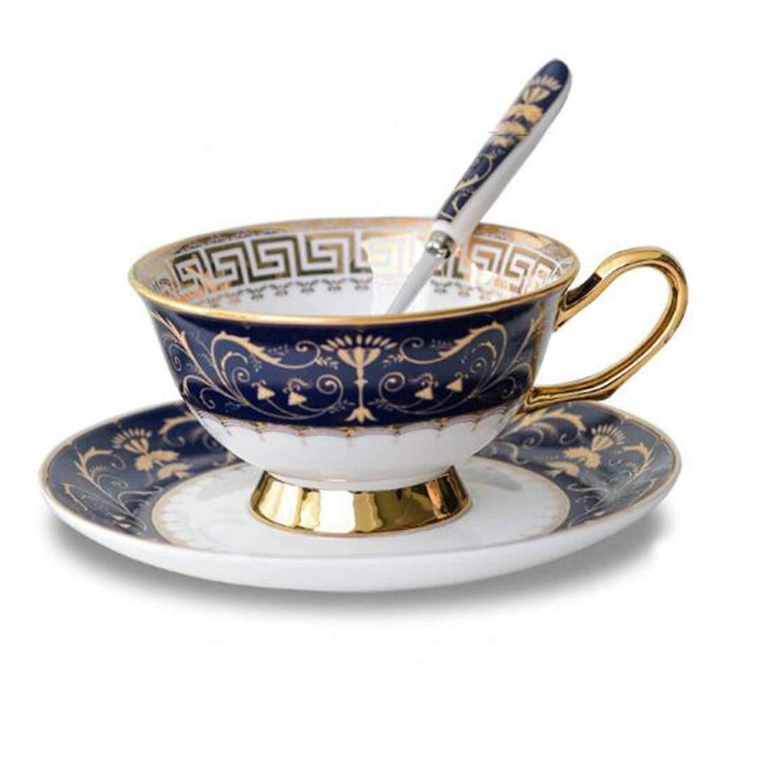 LuxusKollektion Kaffeeservice Tasse & Untertasse Set 200ml Königliches Muster Dunkelblau, Keramik