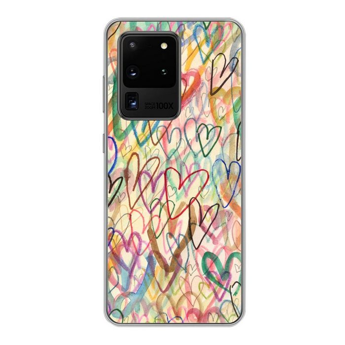 MuchoWow Handyhülle Eine Illustration mit Herzen im Hintergrund Phone Case Handyhülle Samsung Galaxy S20 Ultra Silikon Schutzhülle