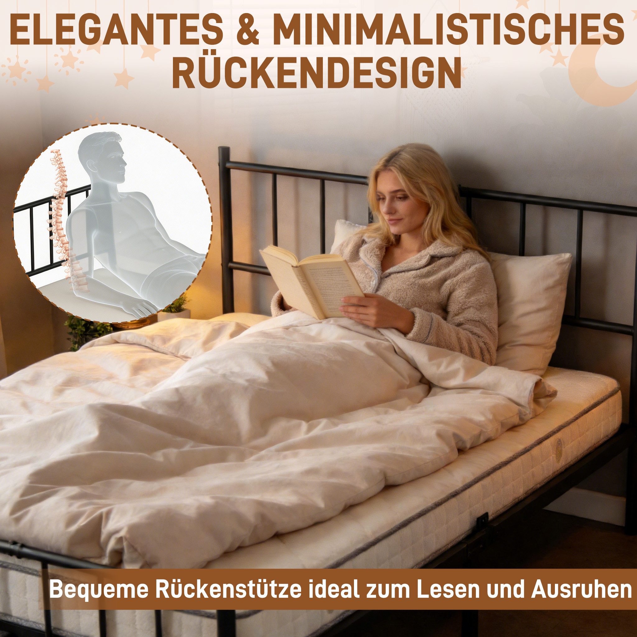 FIVMEN Metallbett Metallrahmenbett Bettgestell Bettrahmen mit Kopfteil, für Einzelbett/Gästezimmerbett, Tragkraft: 200kg – Bild 3 von 5