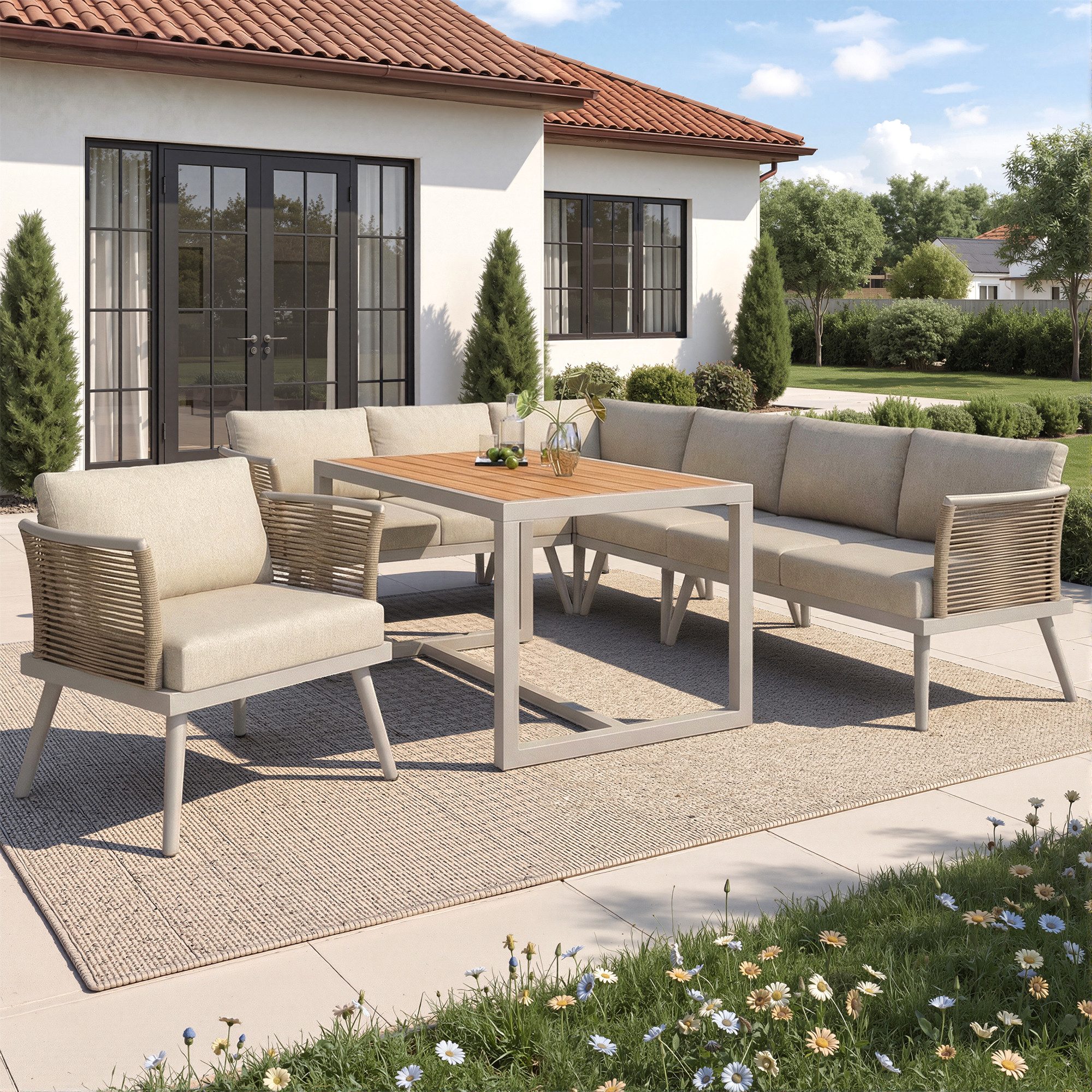 REDOM Gartenlounge-Set Siebenpersonen L-förmiges, (mit geflochtenen Armlehnen,Wetterfeste Eckgarnitur aus Eisen., 1-tlg)