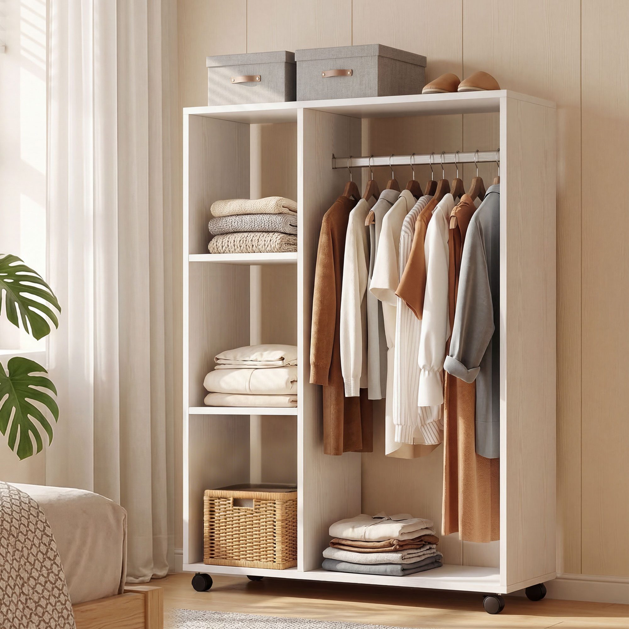HOMCOM Garderobenschrank Kleiderschrank,auf Rollen,mobile Garderobe,Kleiderstange,3 Regale (Garderobenschrank, 1-St., Rollbarer Kleiderständer) für Flur, Schlafzimmer, 80 x 40 x 128 cm, Weiß